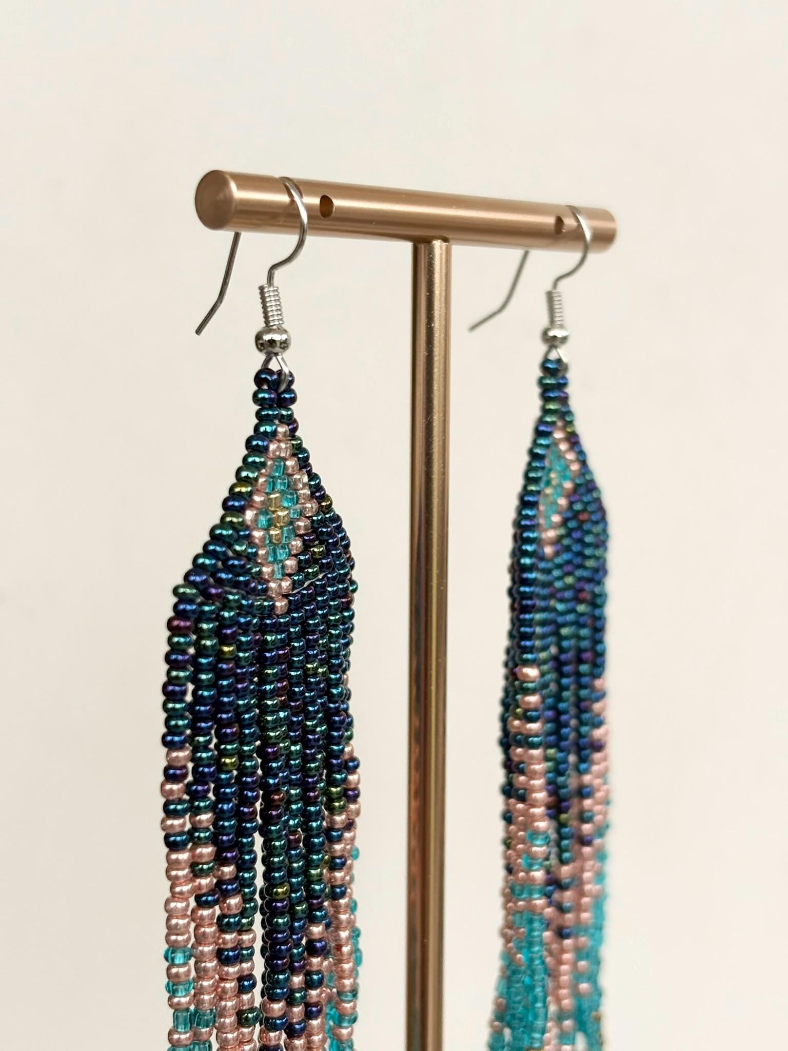 Blue and Turquoise Beaded Tassel Earrings