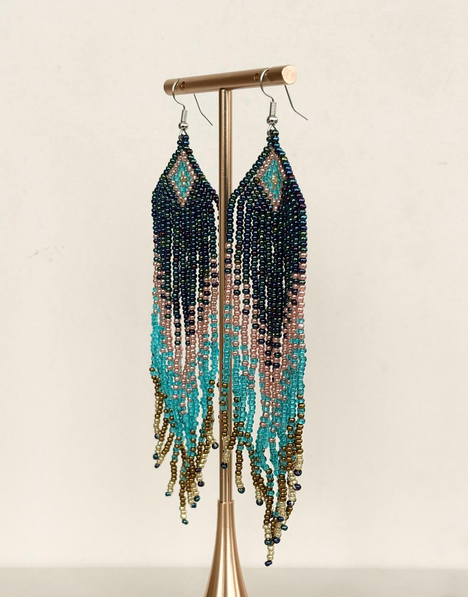 Blue and Turquoise Beaded Tassel Earrings
