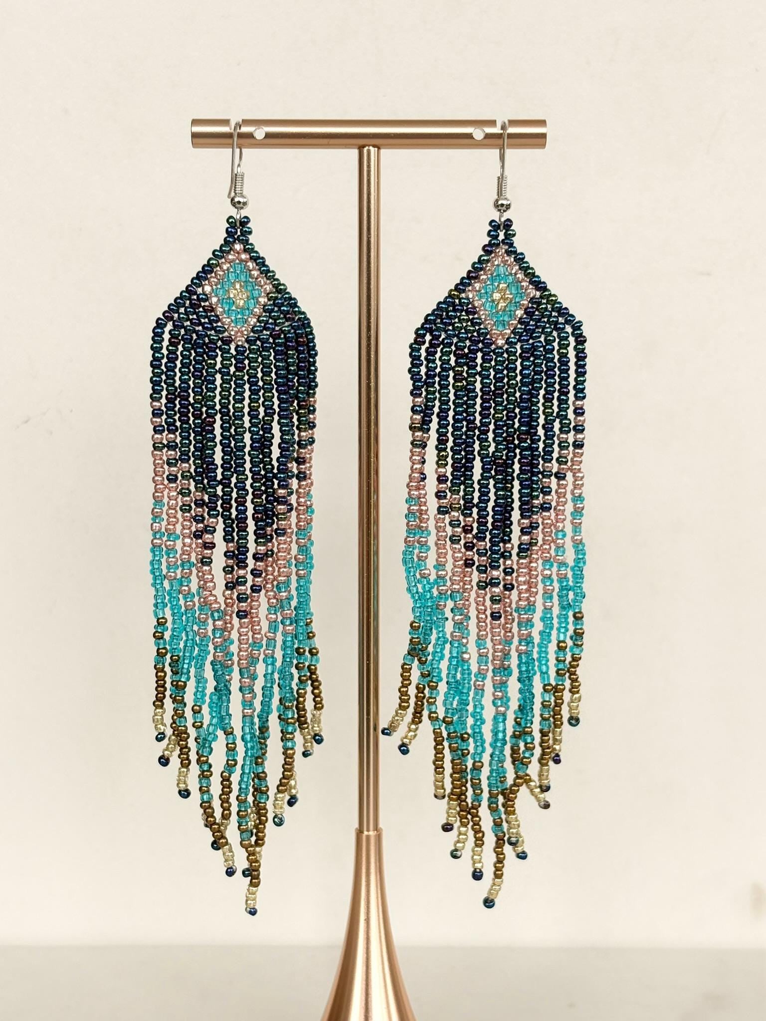 Blue and Turquoise Beaded Tassel Earrings
