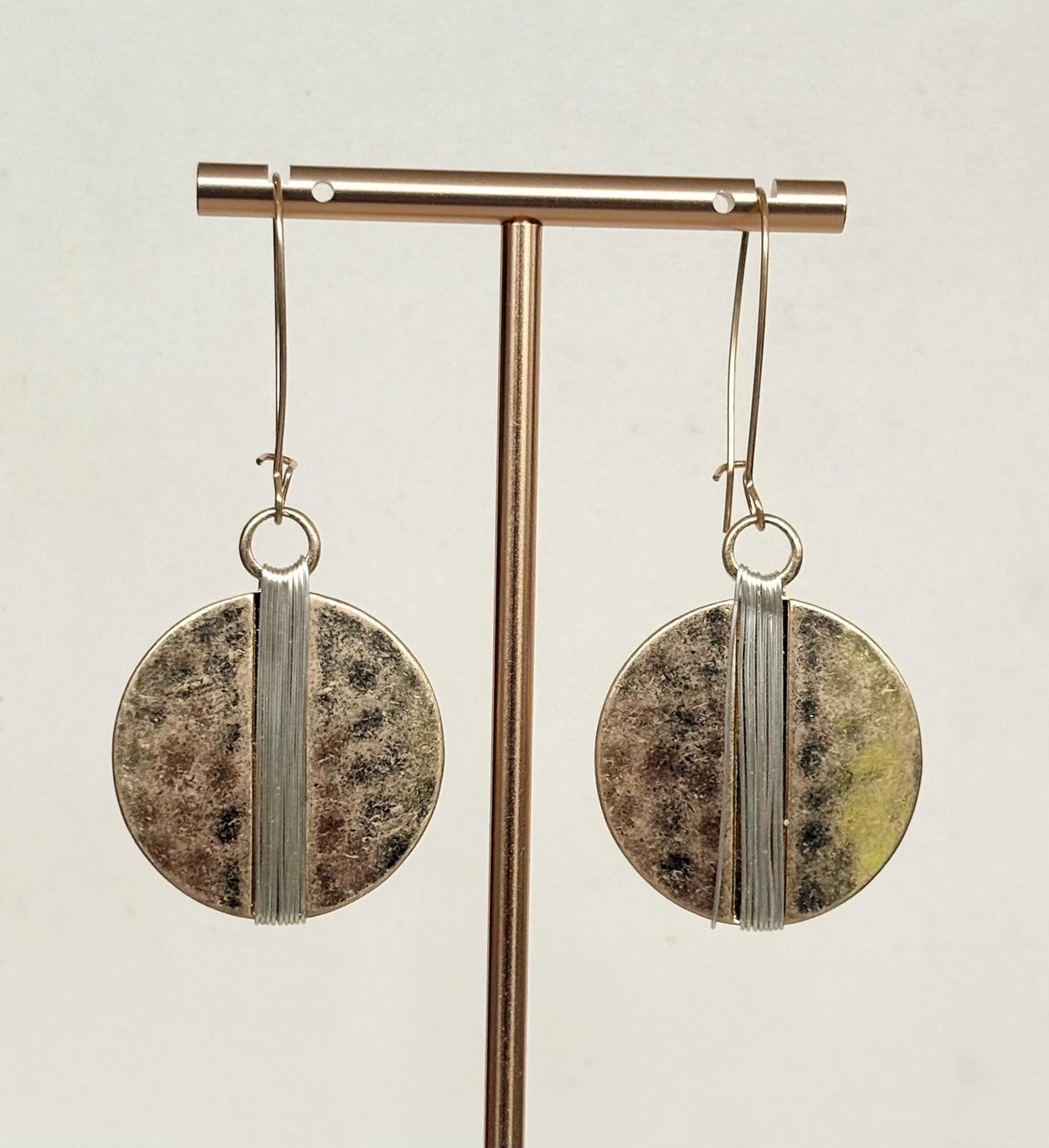 Gold Disc Earrings with Silver Sculptural Detail
