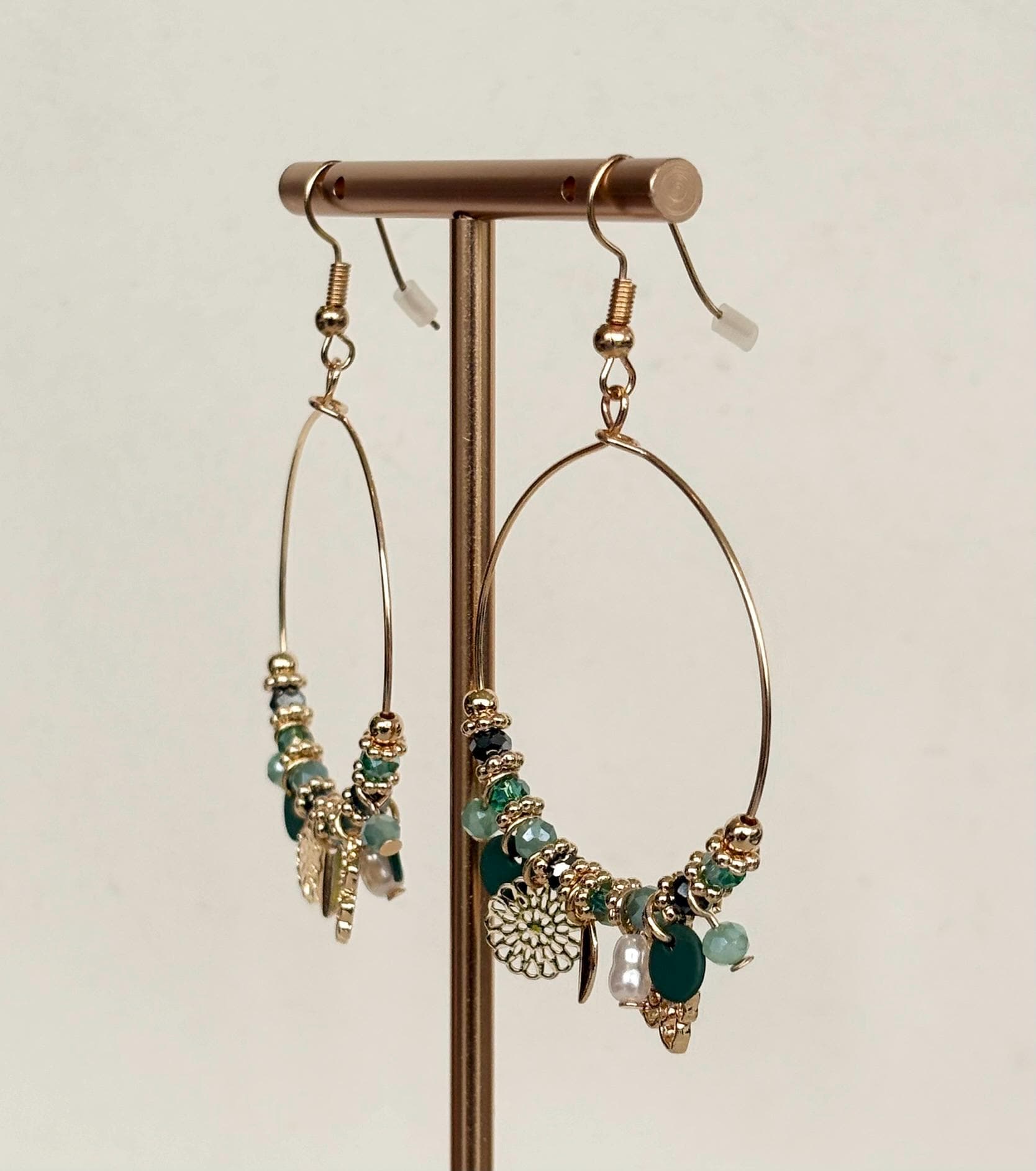 Teal and Sage Beaded Charm Hoop Earrings