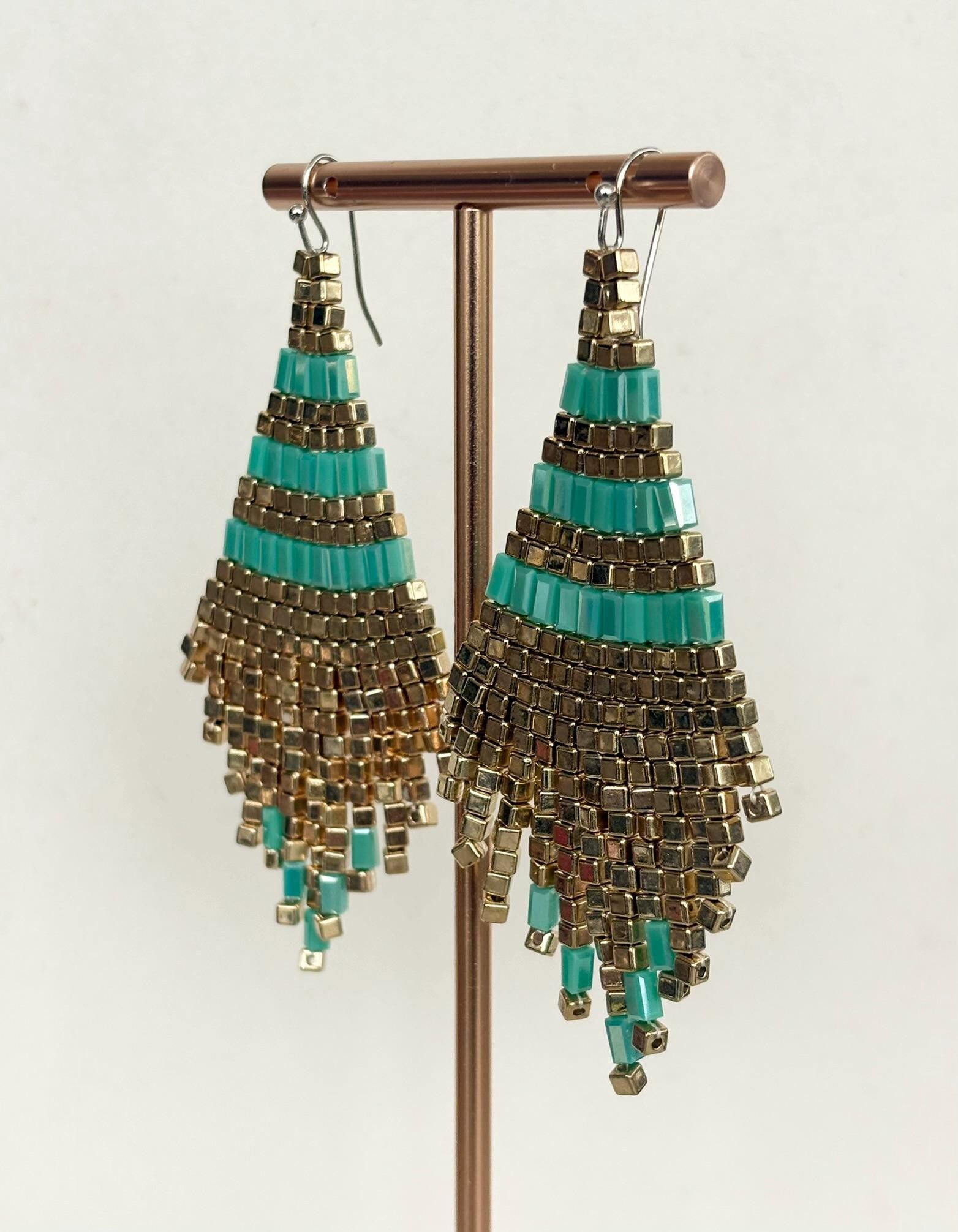 Art Deco Turquoise Gold Beaded Fringe Earrings