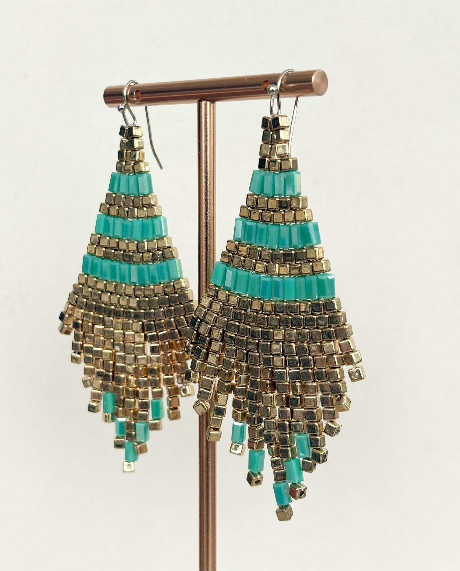 Art Deco Turquoise Gold Beaded Fringe Earrings