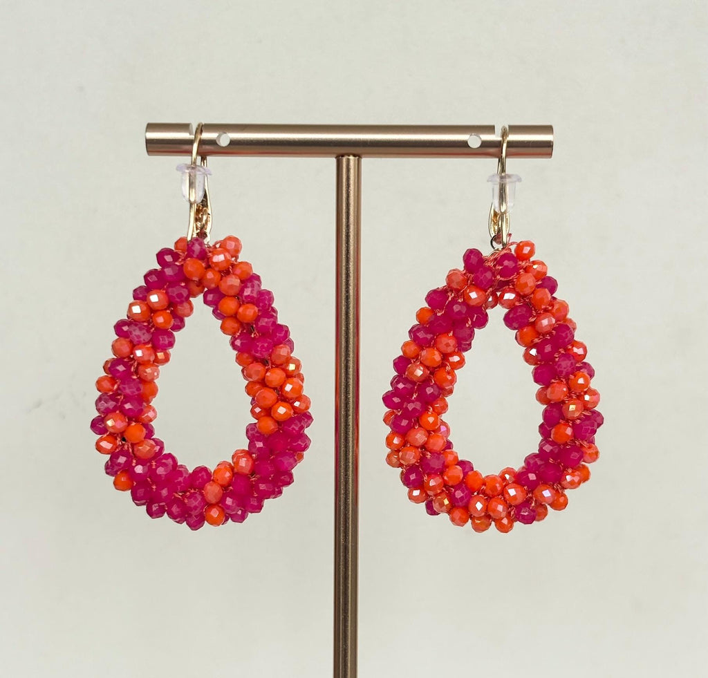 Sunset Pink & Orange Teardrop Beaded Earrings