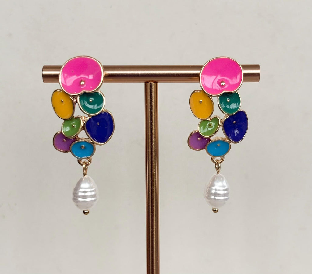 Rainbow Petal Cluster Earrings with Baroque Pearl Drops