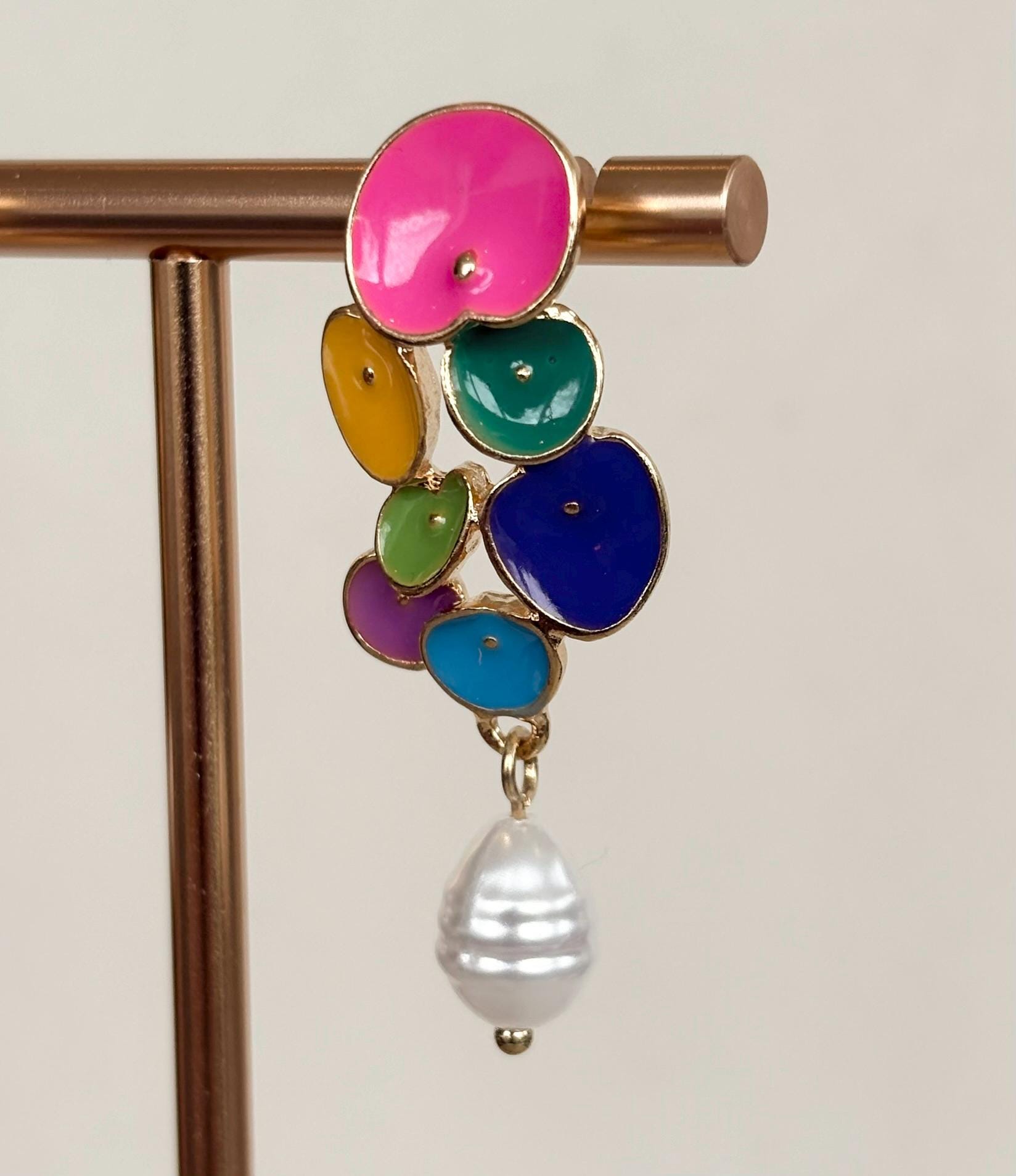 Rainbow Petal Cluster Earrings with Baroque Pearl Drops