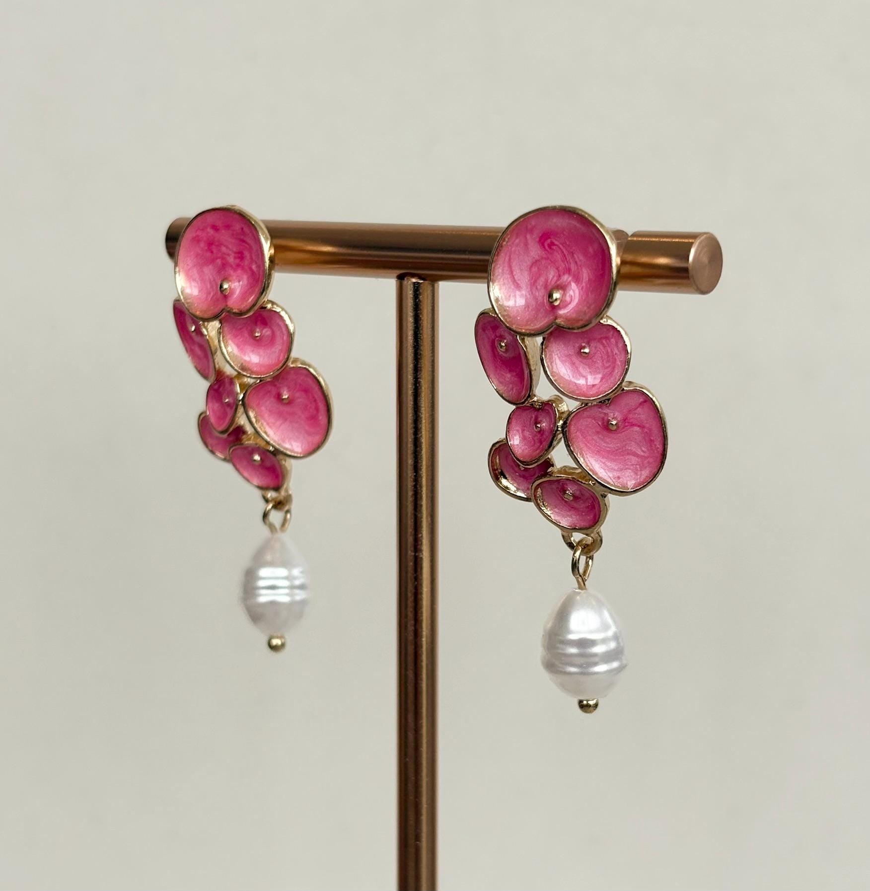 Pink Petal Cluster Earrings with Baroque Pearl Drops