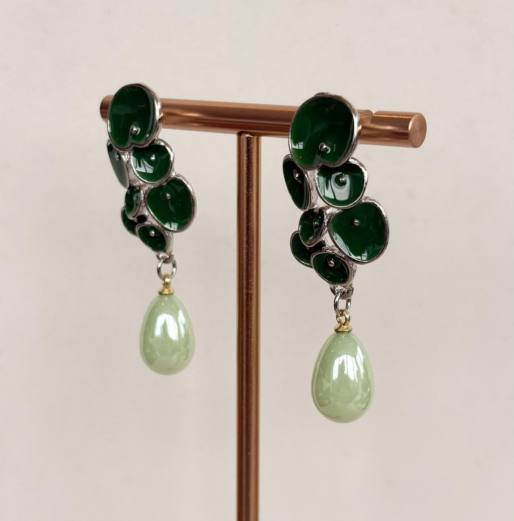 Green Petal Cluster Earrings with Mint Pearl Drops