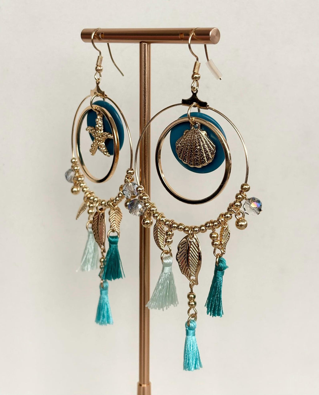 Seashell Charm Turquoise Tassel Hoop Earrings