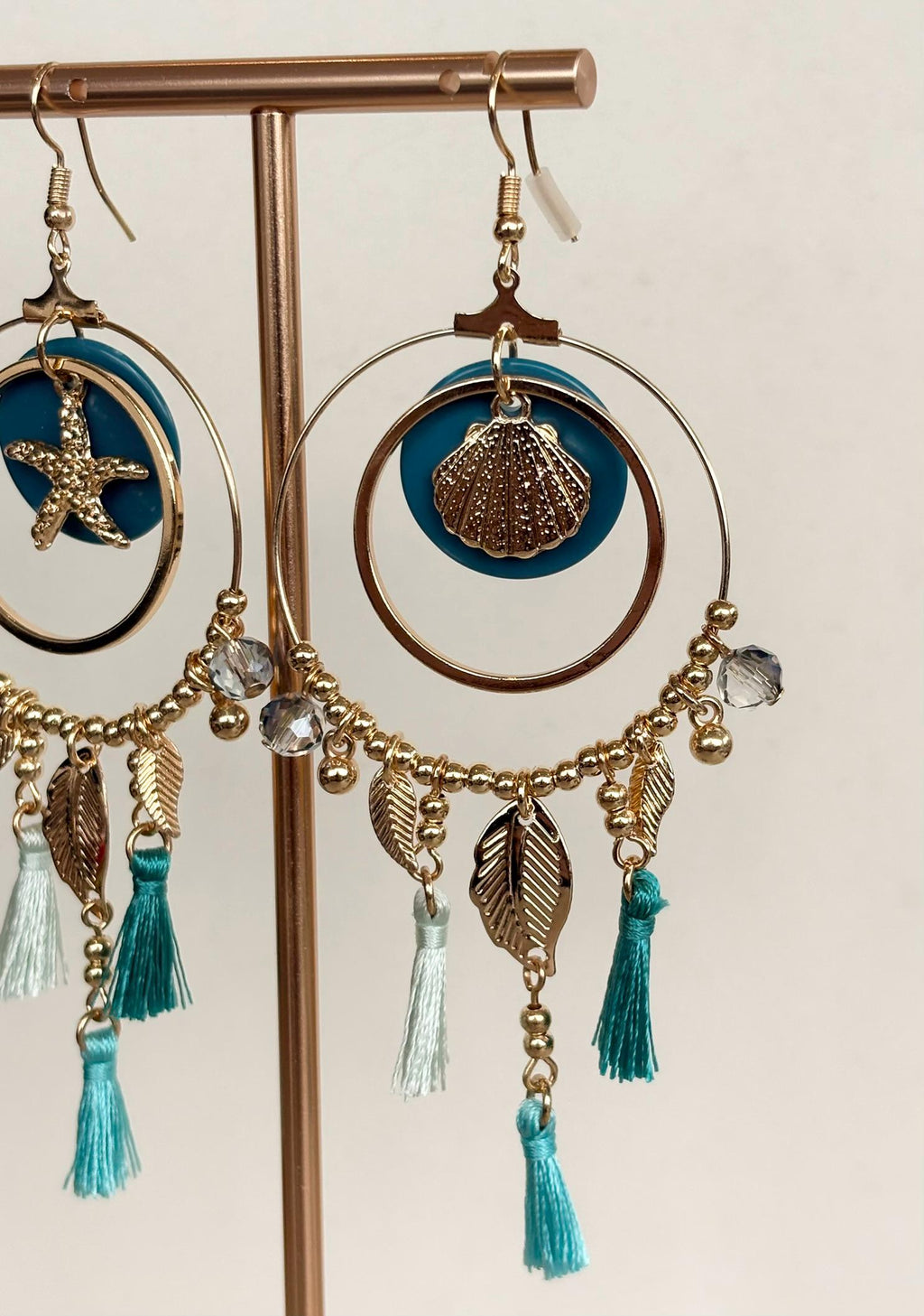 Seashell Charm Turquoise Tassel Hoop Earrings