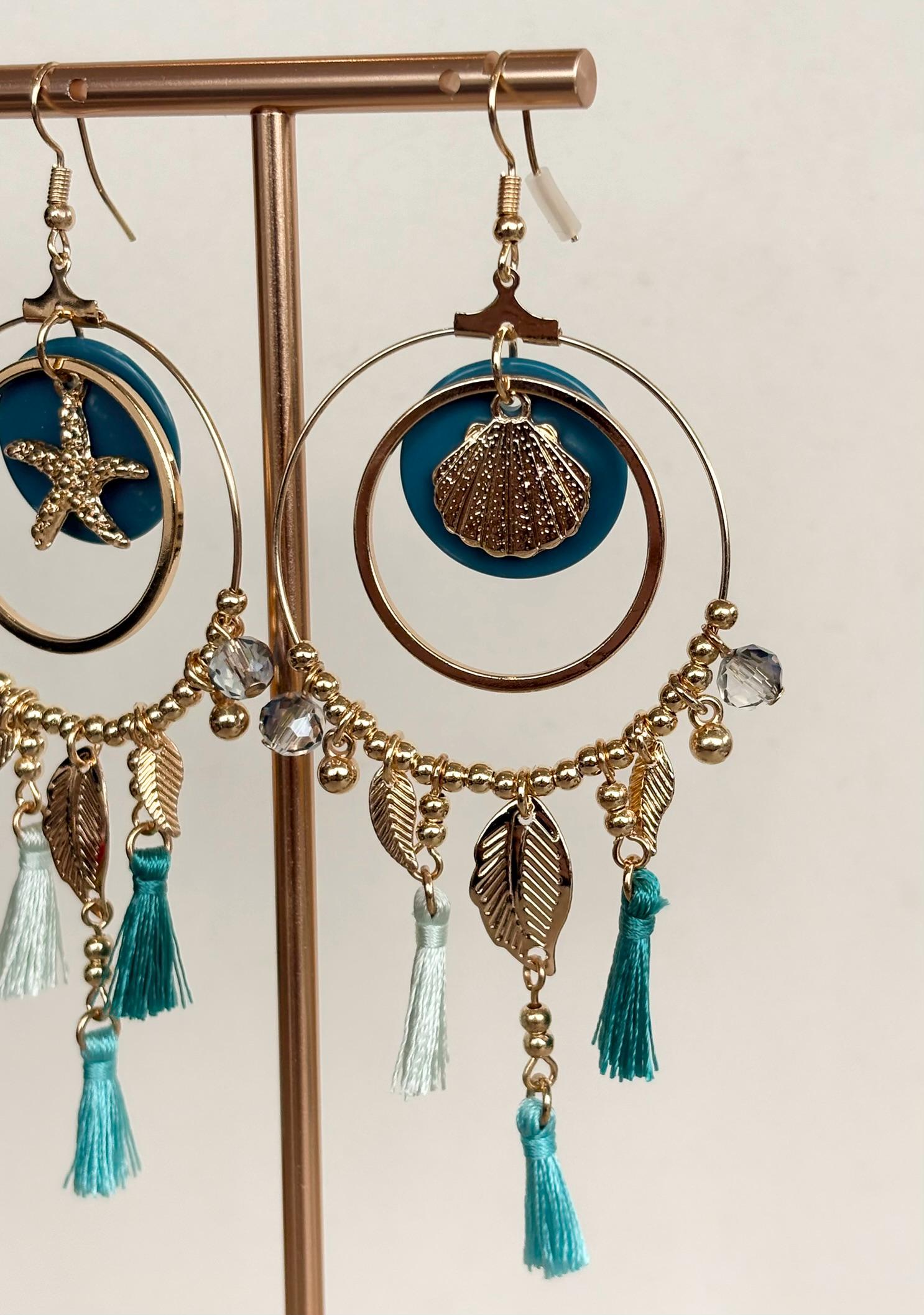 Seashell Charm Turquoise Tassel Hoop Earrings