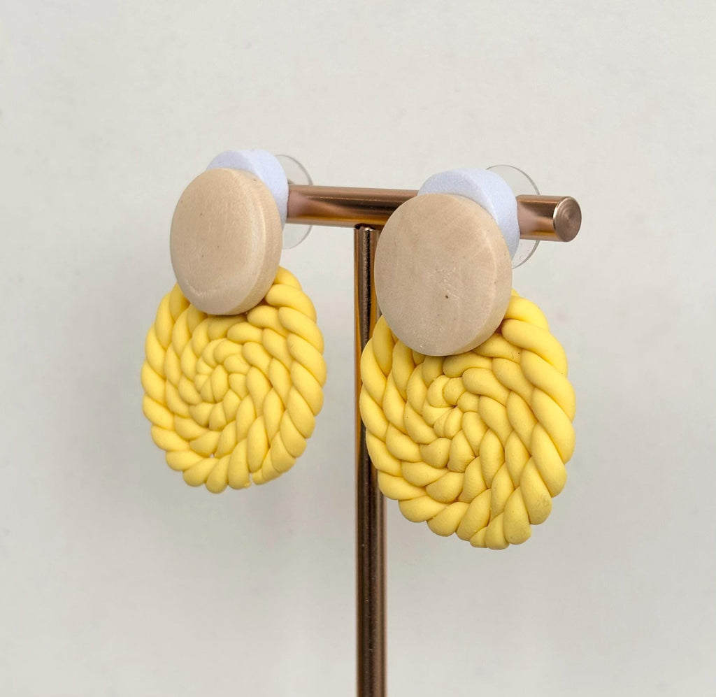 Natural Wood and Yellow Rope Drop Earrings