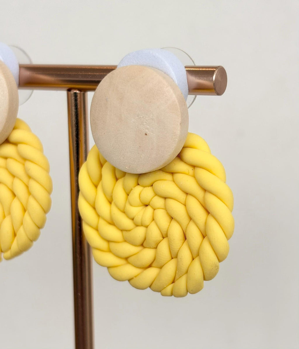 Natural Wood and Yellow Rope Drop Earrings
