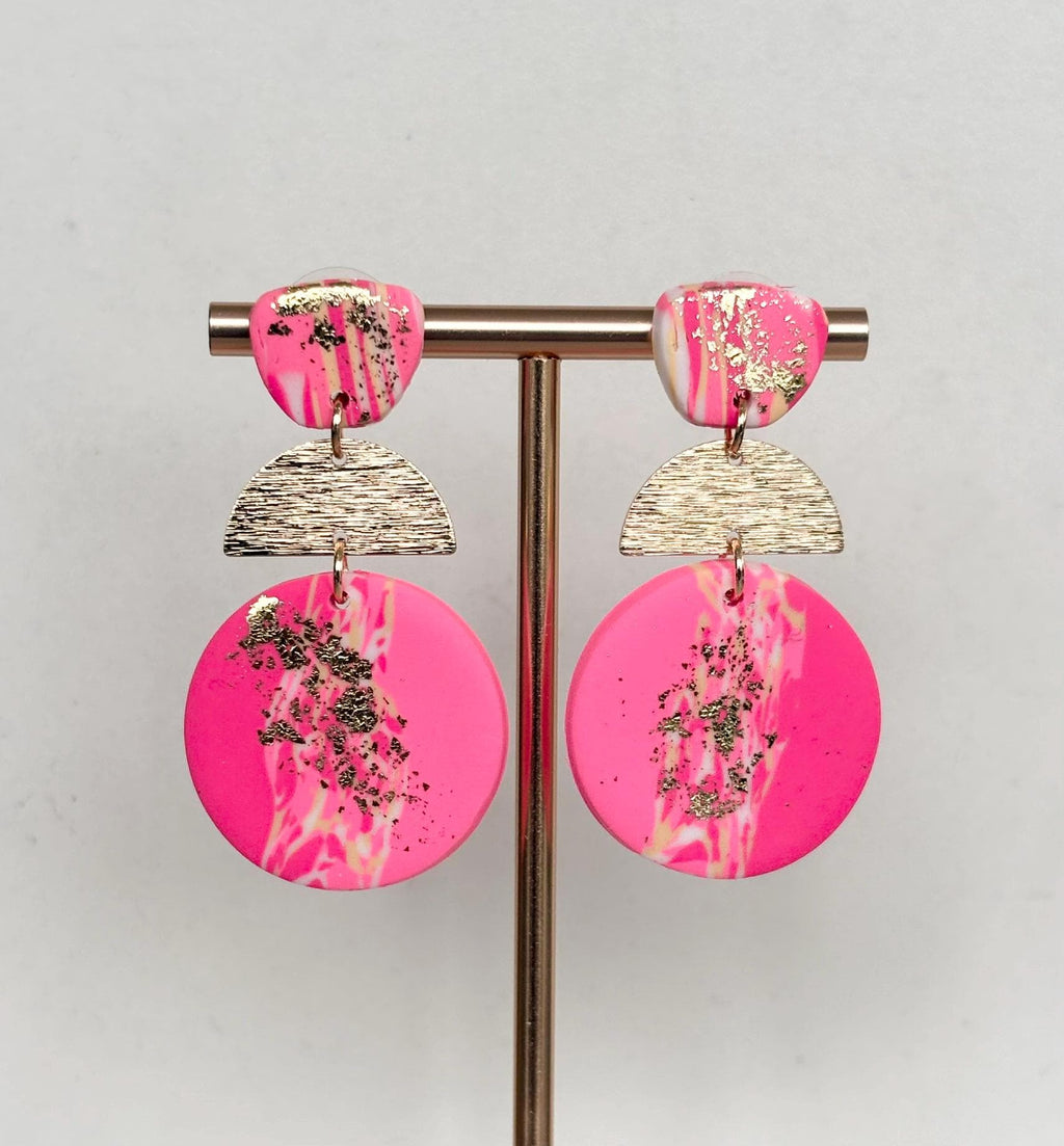 Hot Pink & Gold Marbled Polymer Clay Earrings