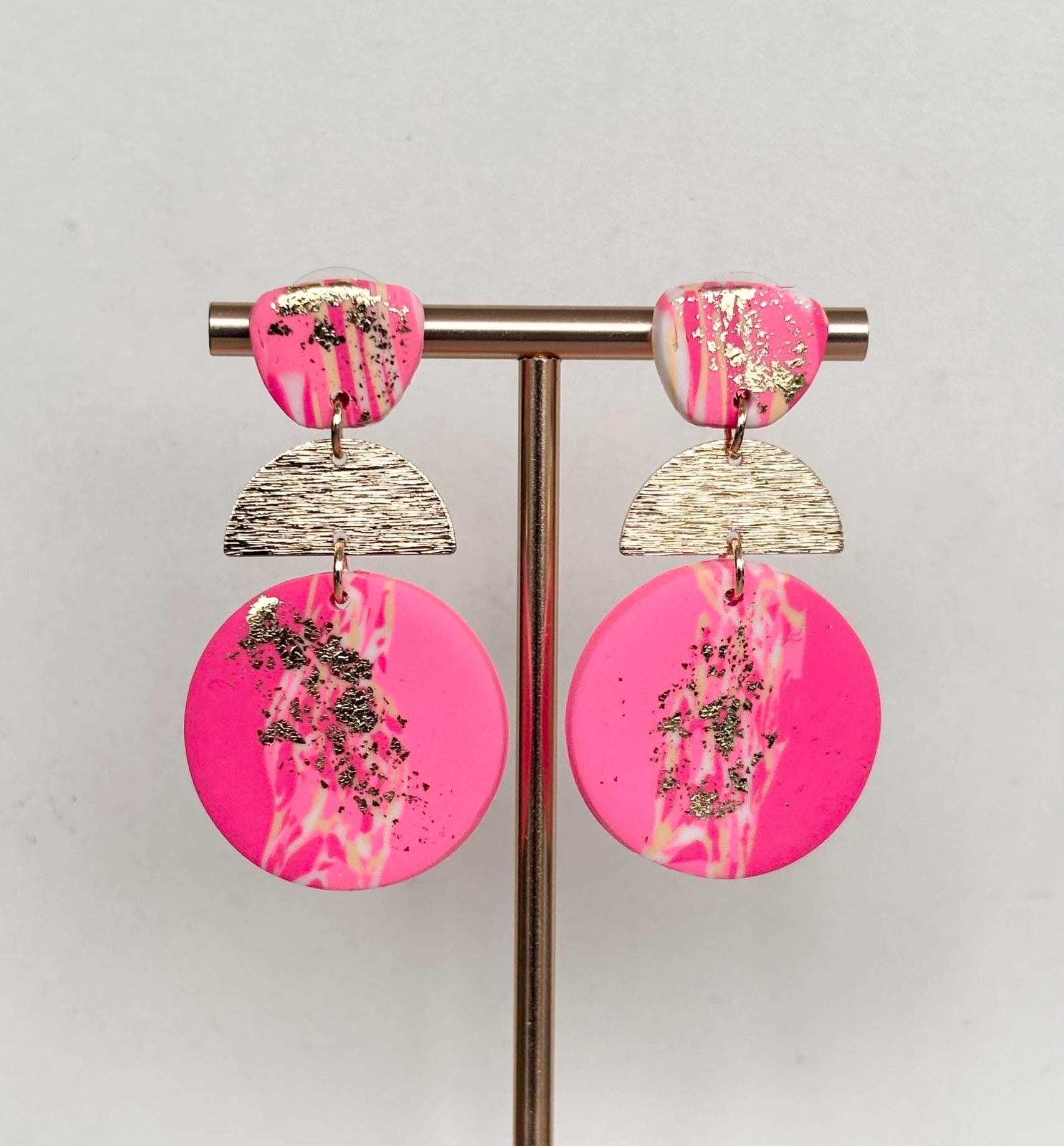 Hot Pink & Gold Marbled Polymer Clay Earrings