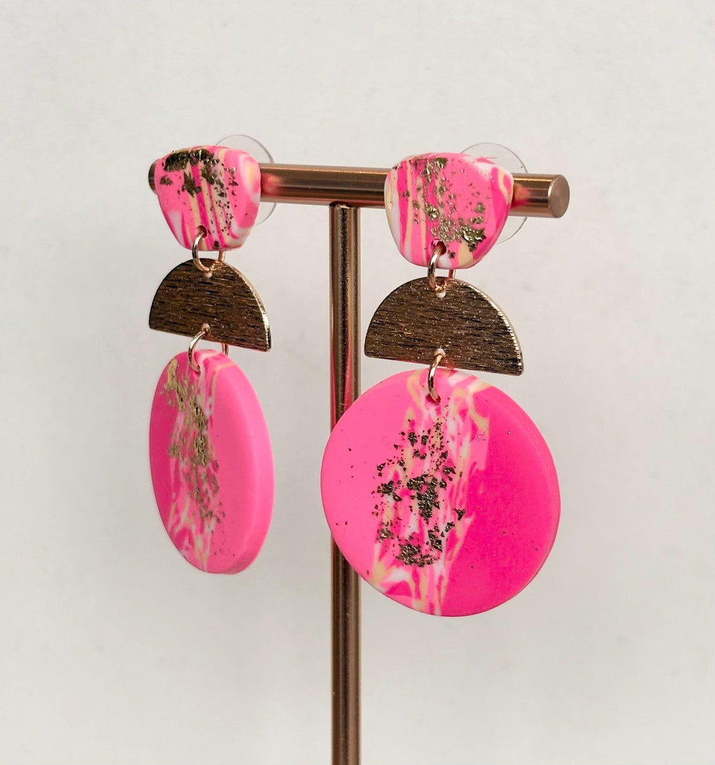 Hot Pink & Gold Marbled Polymer Clay Earrings