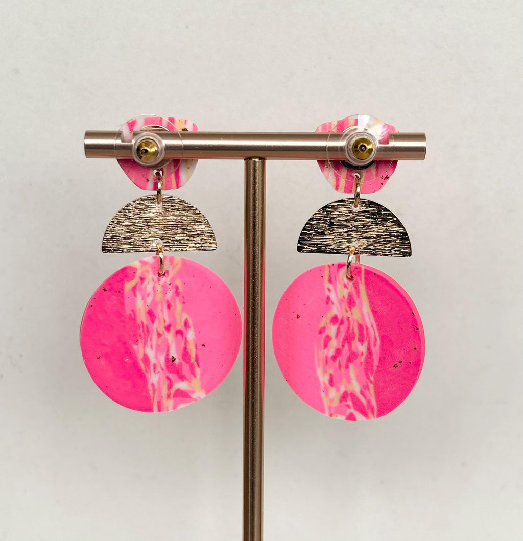 Hot Pink & Gold Marbled Polymer Clay Earrings
