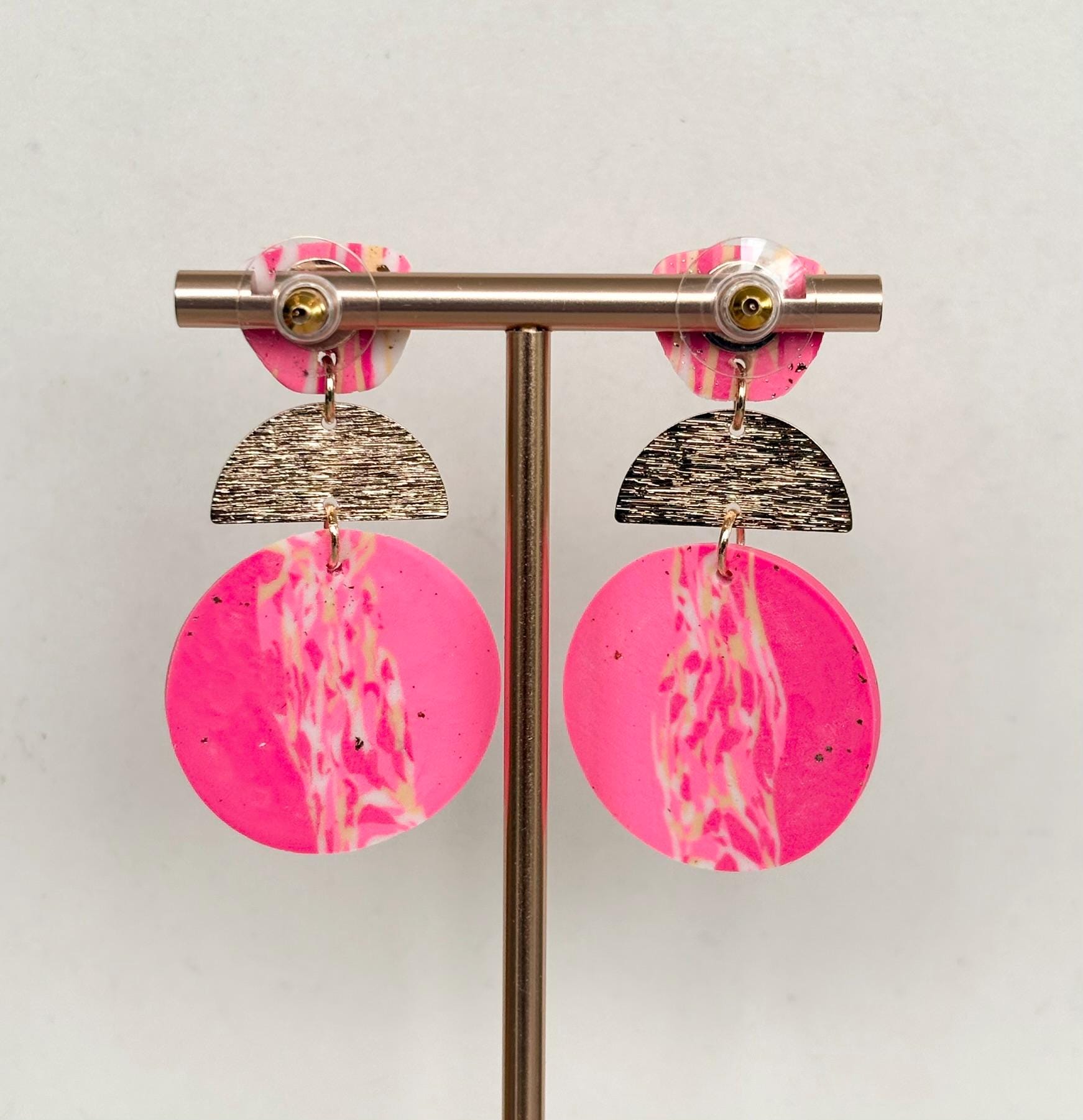 Hot Pink & Gold Marbled Polymer Clay Earrings