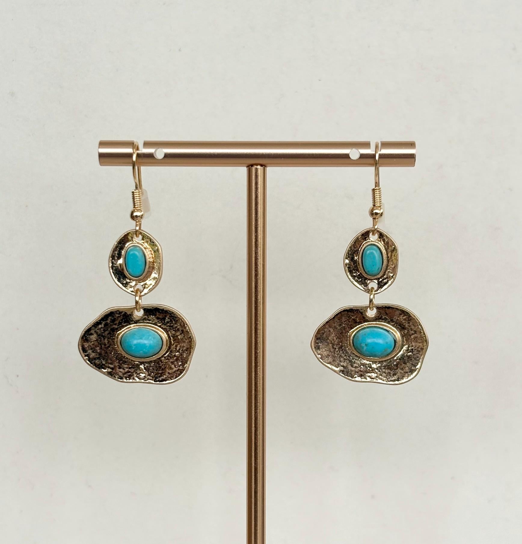 Antiqued Gold and Turquoise Cabochon Statement Drop Earrings