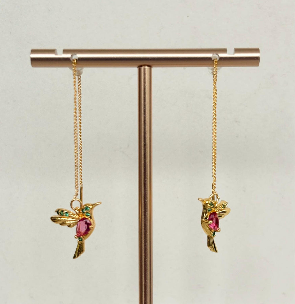 Hummingbird Crystal Threader Earrings, Pink and Green