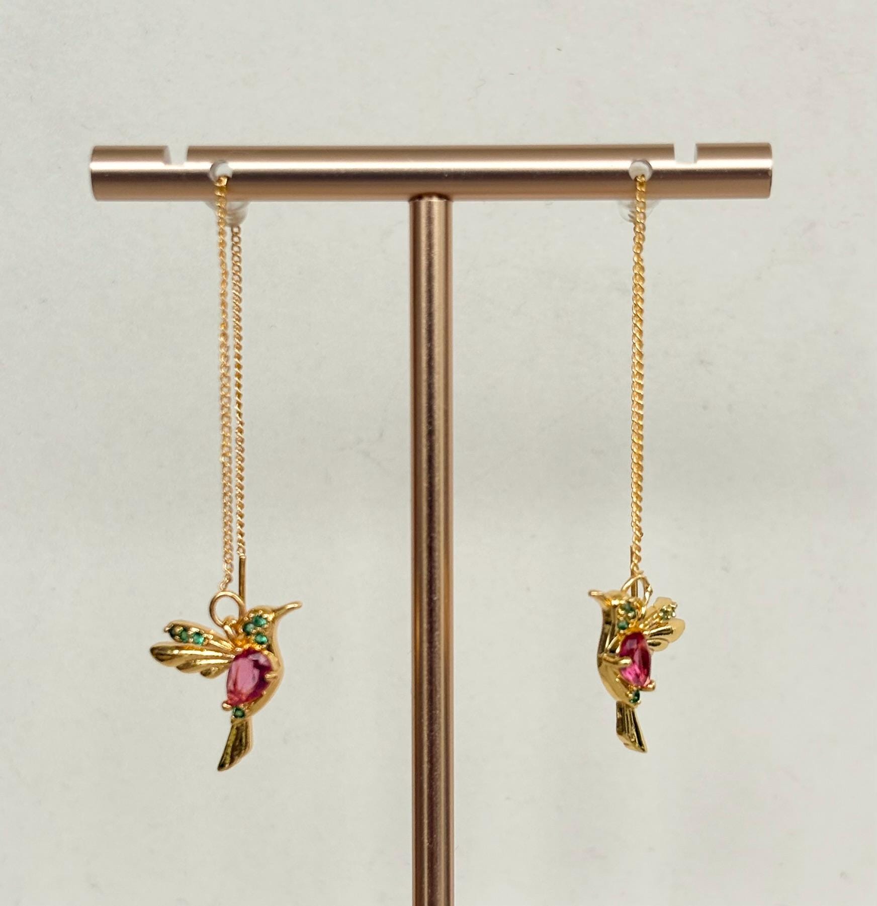 Hummingbird Crystal Threader Earrings, Pink and Green