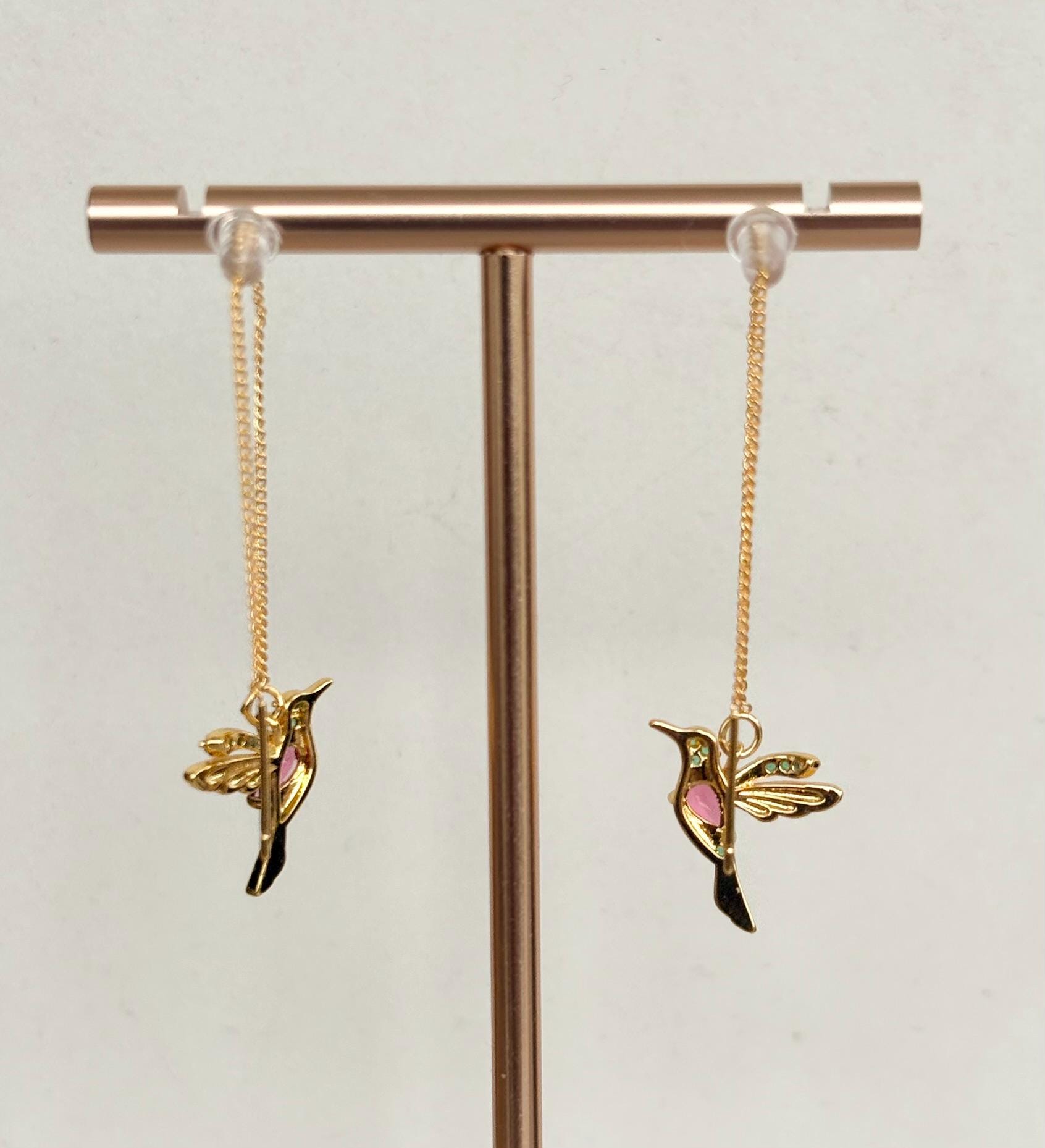 Hummingbird Crystal Threader Earrings, Pink and Green