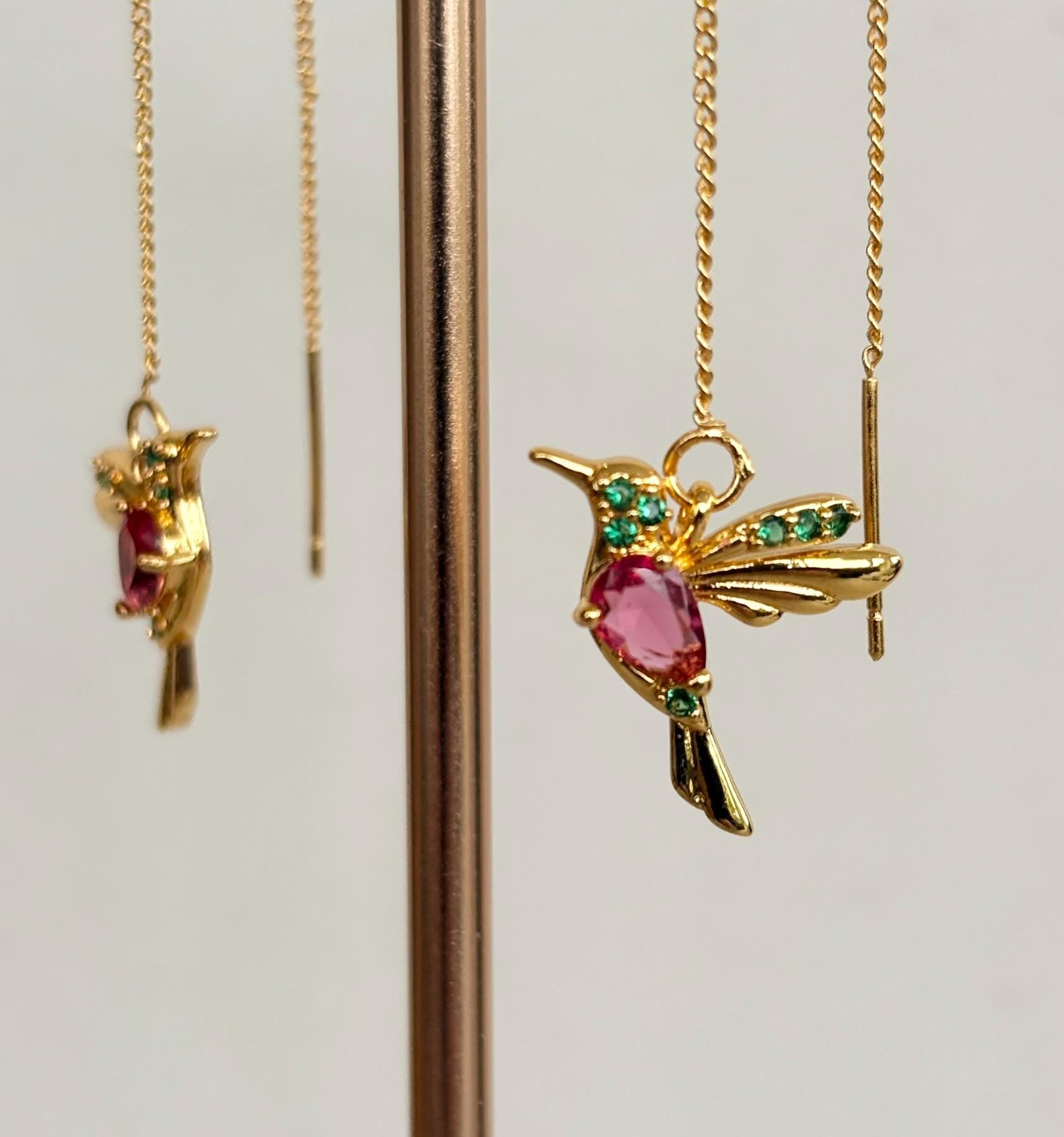 Hummingbird Crystal Threader Earrings, Pink and Green