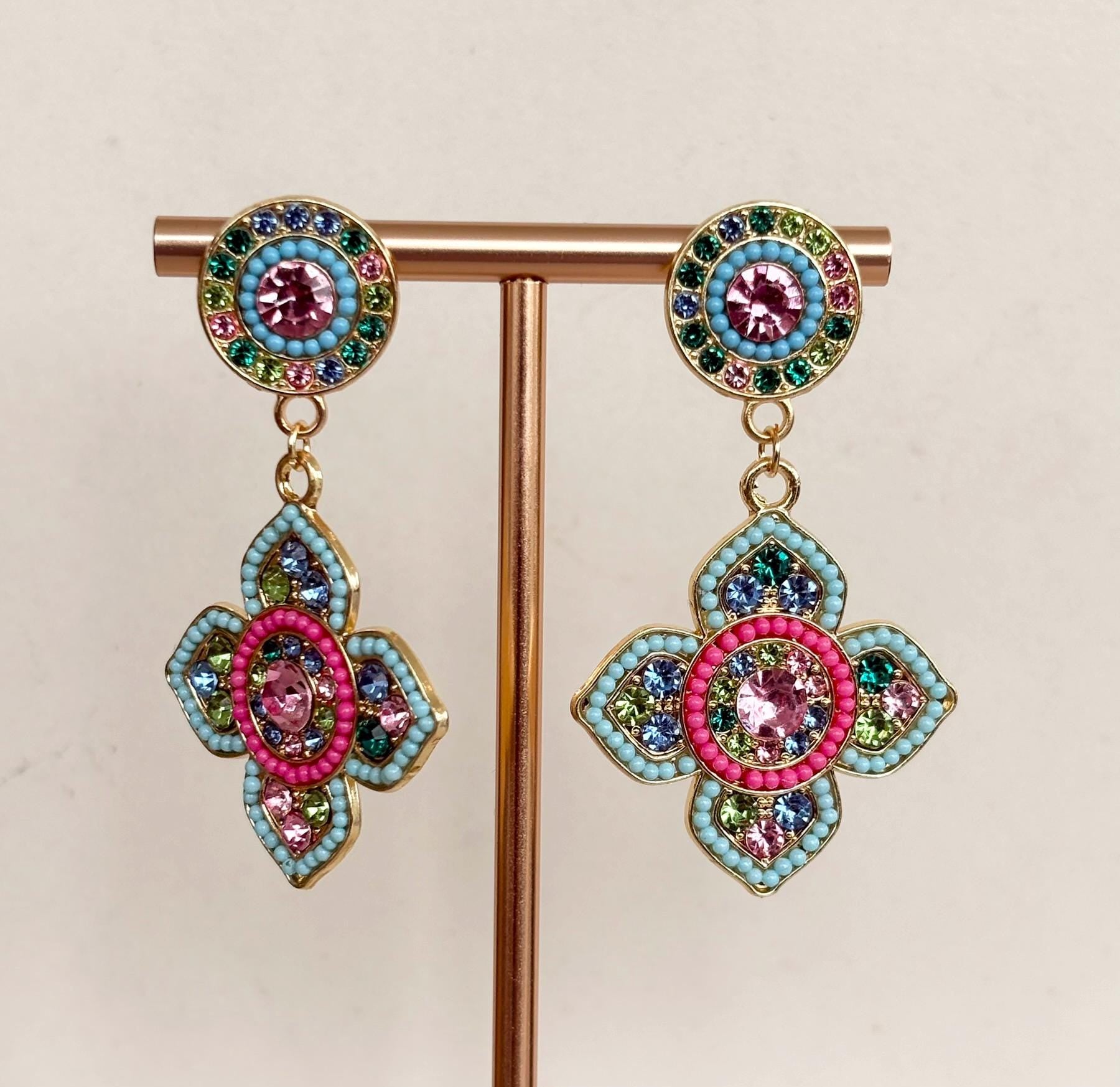 Pink Blue Green Mosaic Clover Drop Earrings