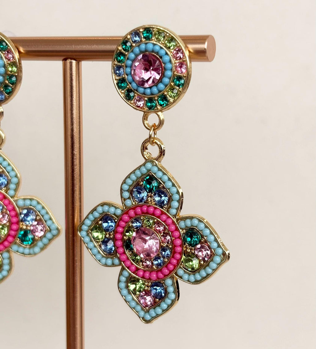 Pink Blue Green Mosaic Clover Drop Earrings