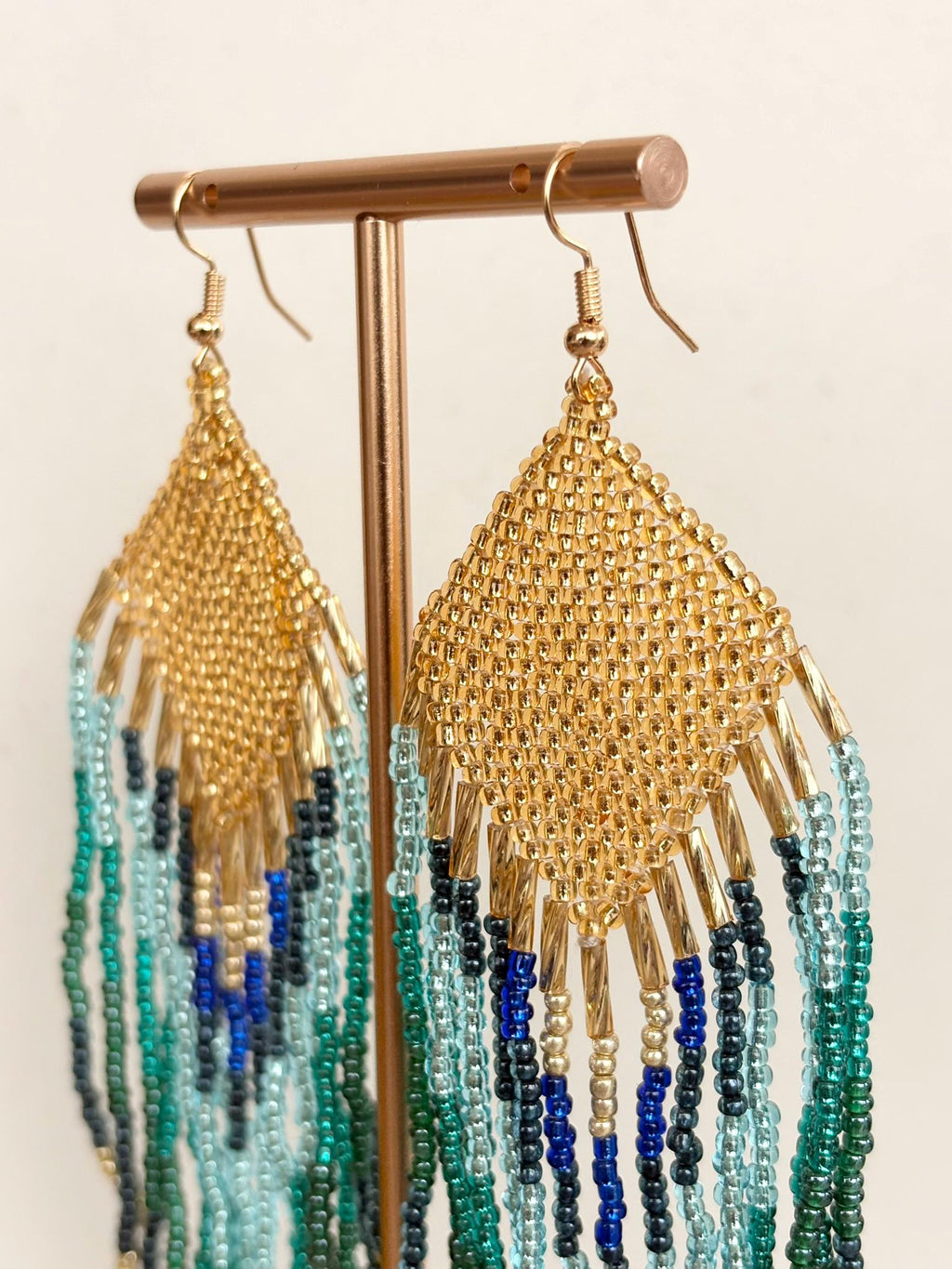 Teal & Gold Peacock Coloured Fringed Beaded Earrings