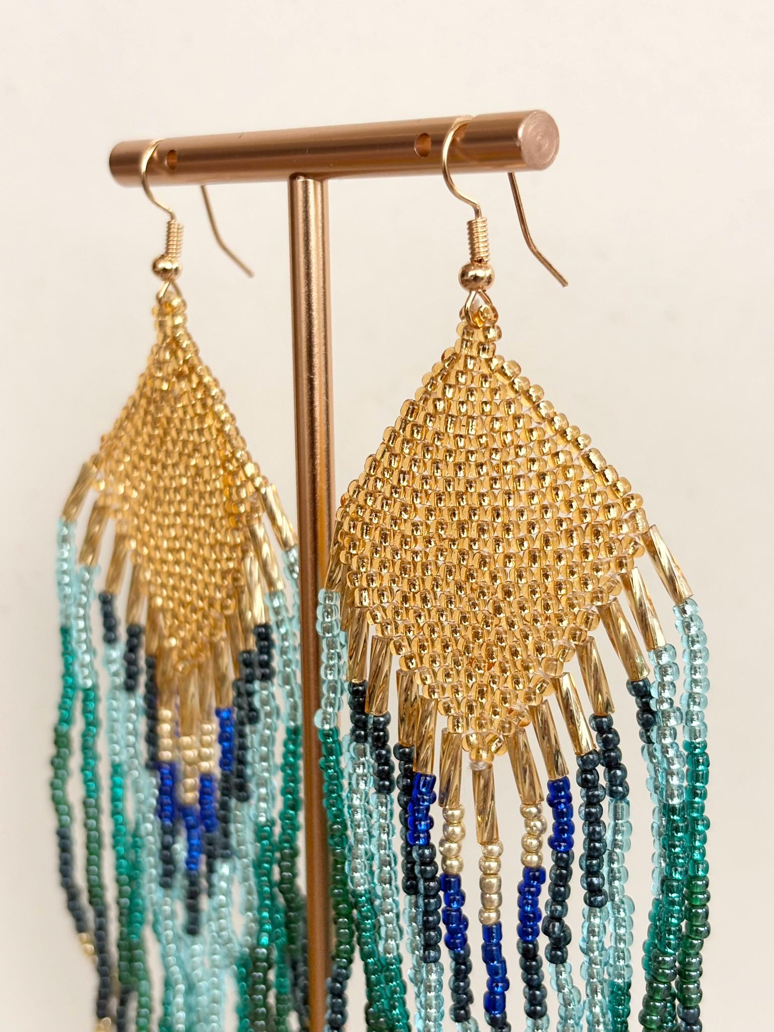 Teal & Gold Peacock Coloured Fringed Beaded Earrings