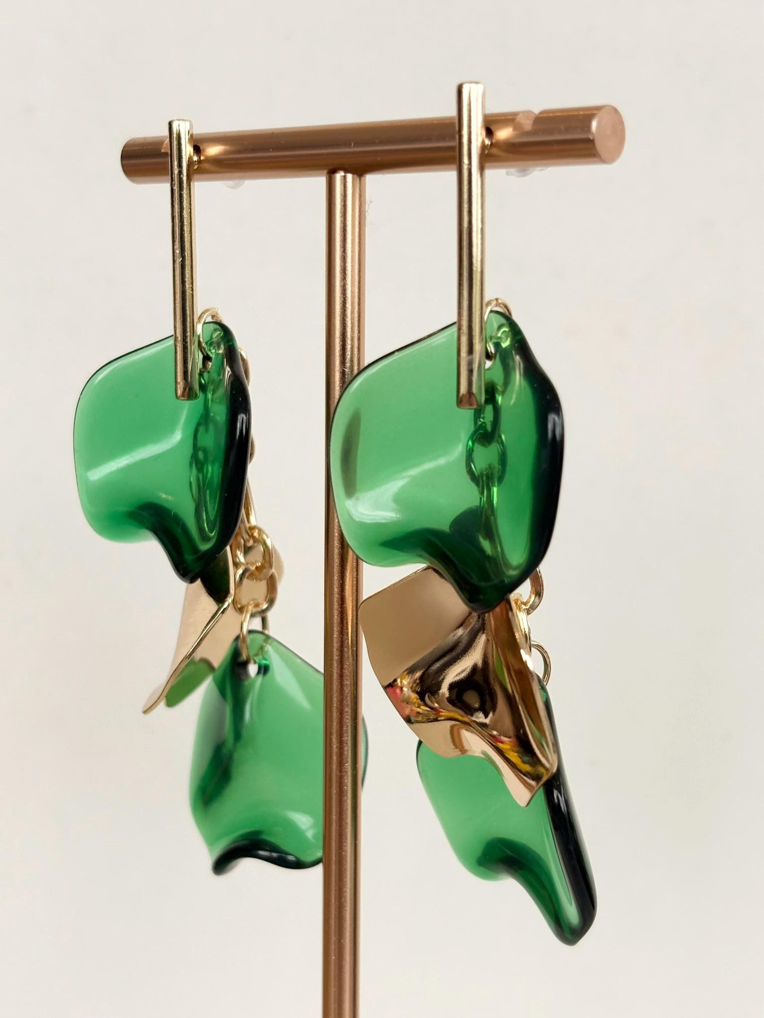 Emerald Green and Gold Petal Drop Earrings