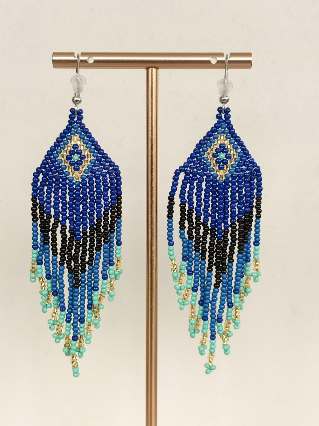Deep Blue and Turquoise Peacock Fringe Beaded Earrings