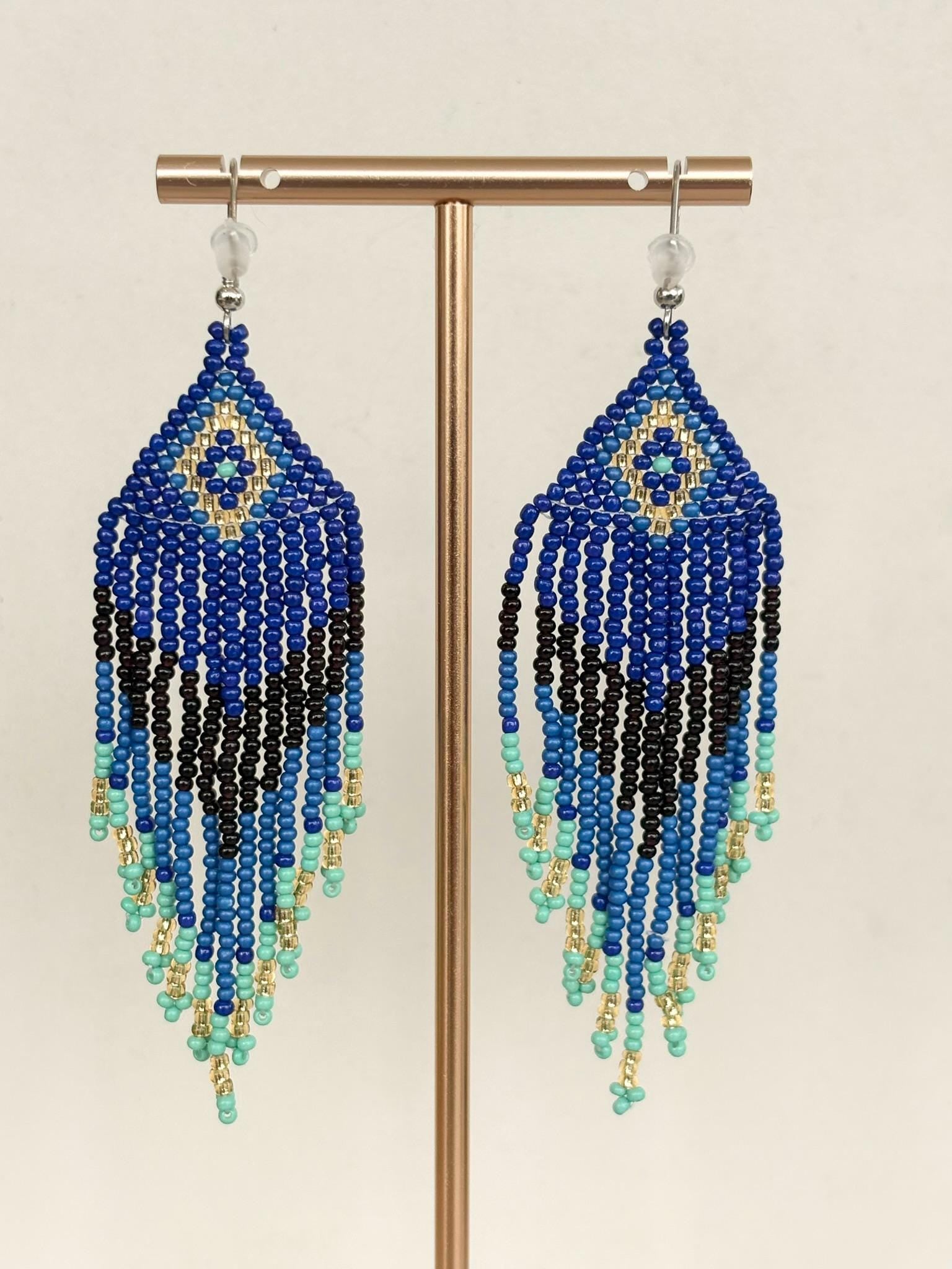 Deep Blue and Turquoise Peacock Fringe Beaded Earrings