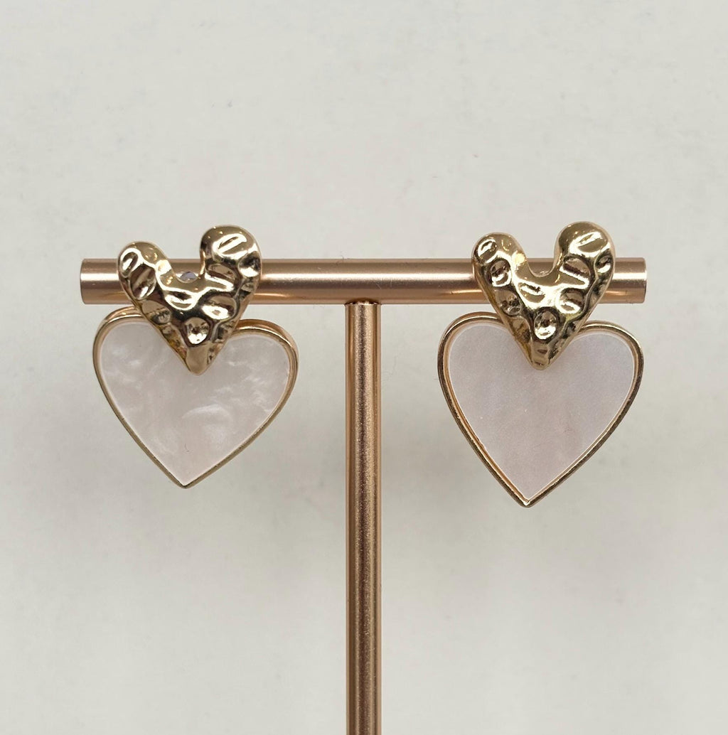 Hammered Gold Double Heart Earrings with pearlised drop