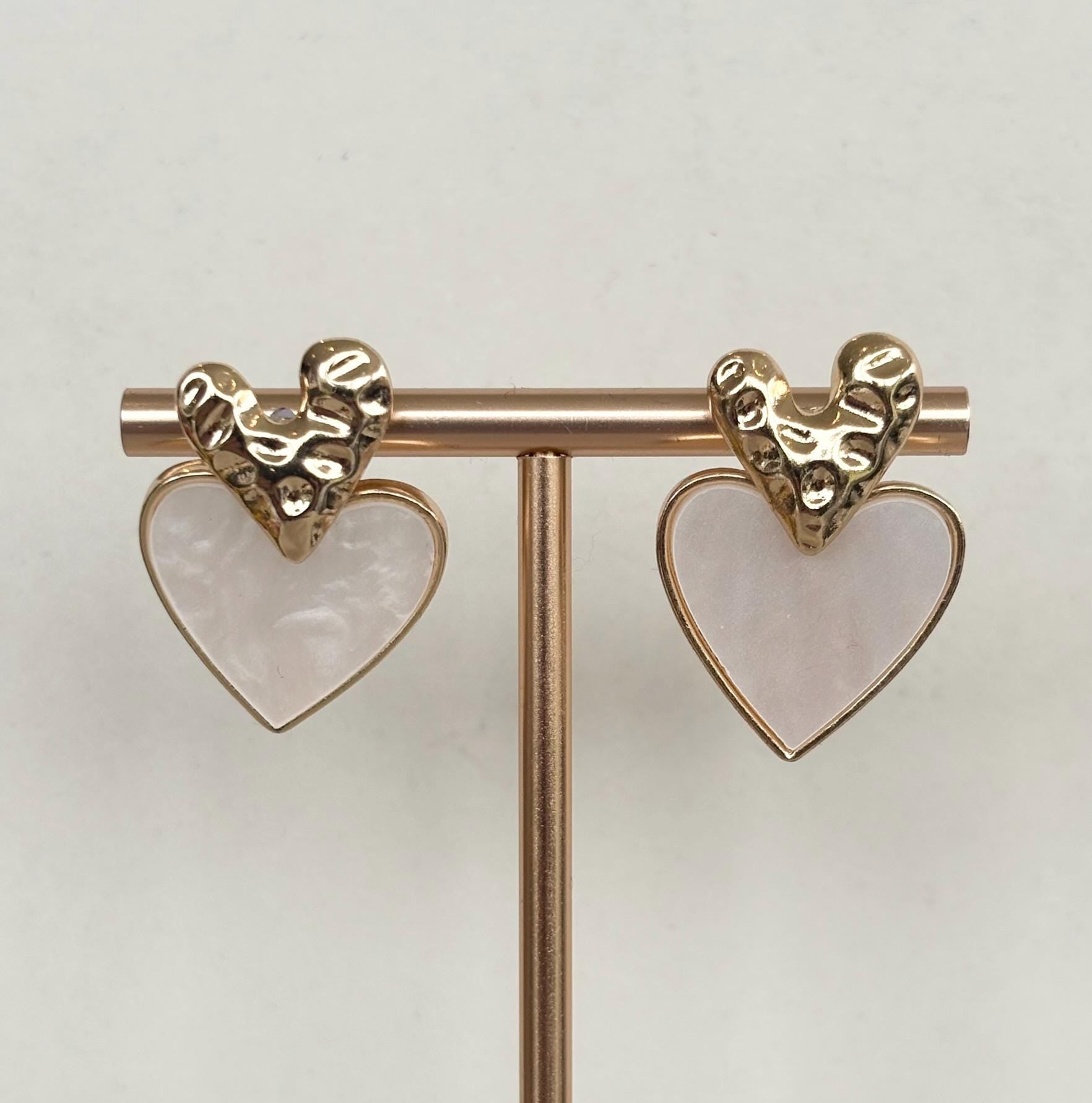 Hammered Gold Double Heart Earrings with pearlised drop