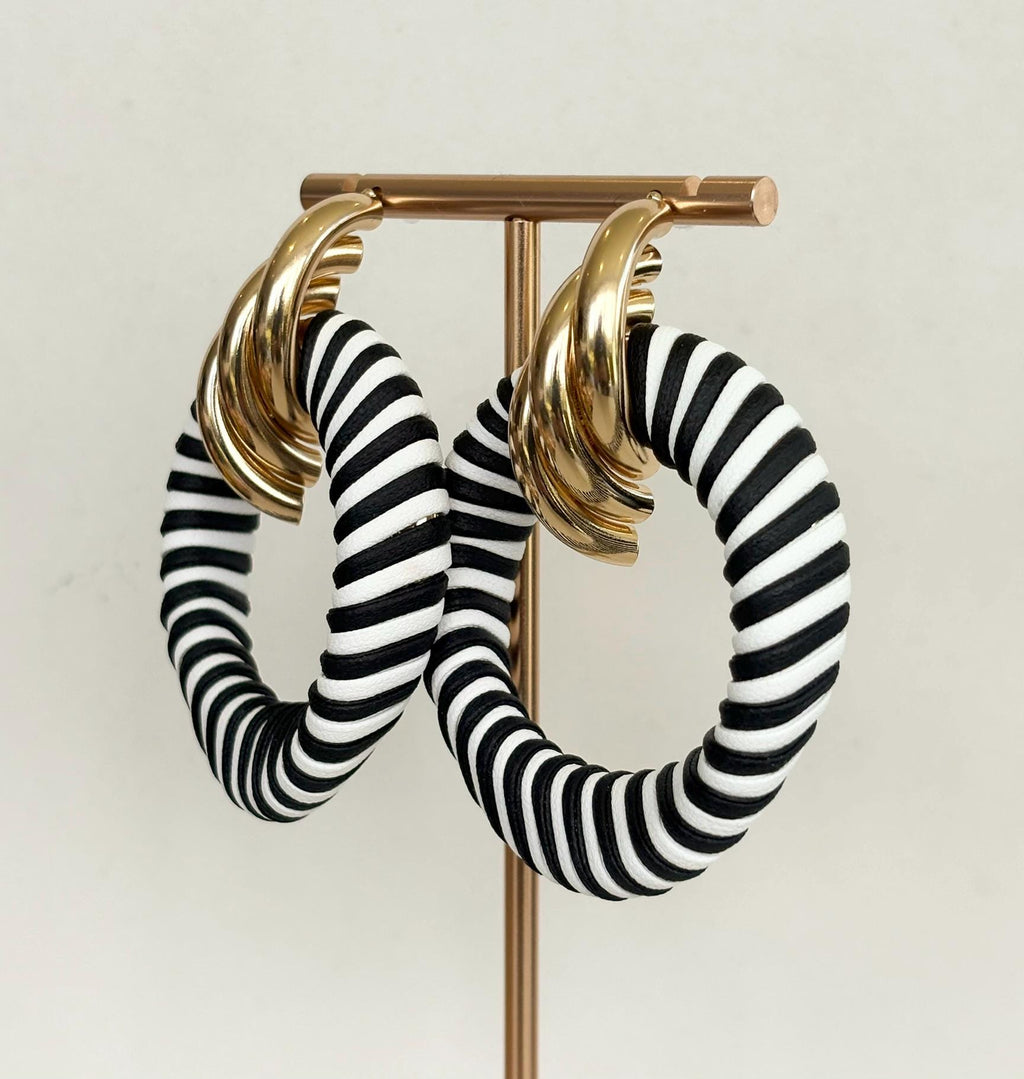 Riviera Black White Striped Twist Hoop Earrings