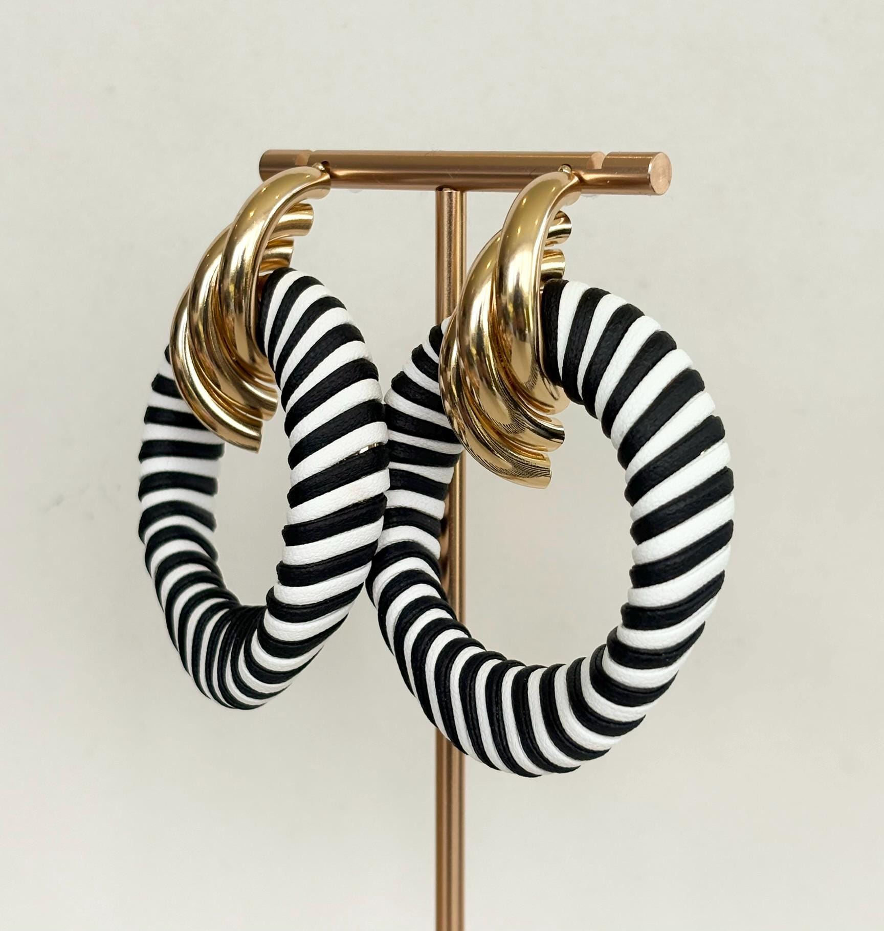 Riviera Black White Striped Twist Hoop Earrings