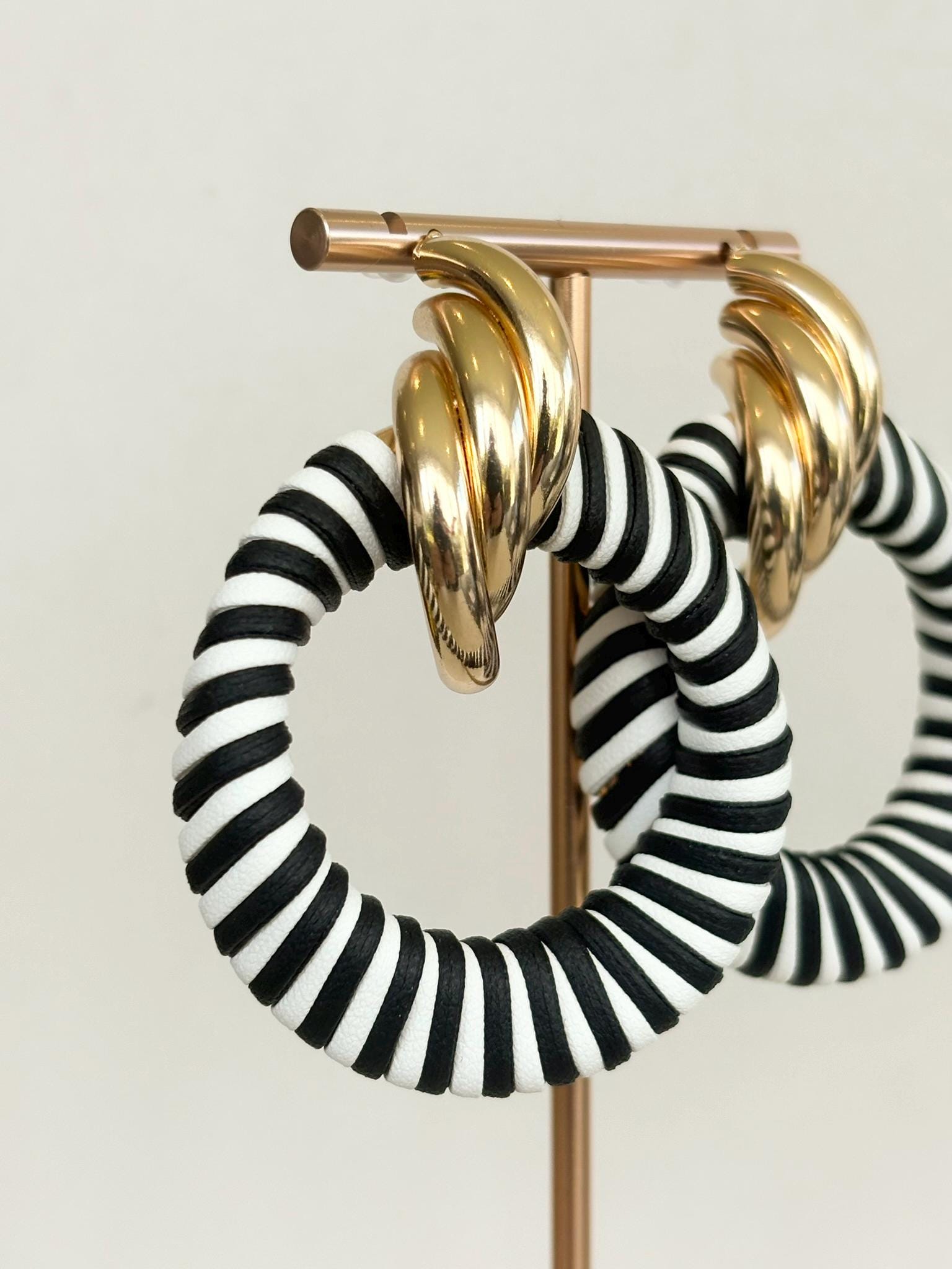 Riviera Black White Striped Twist Hoop Earrings