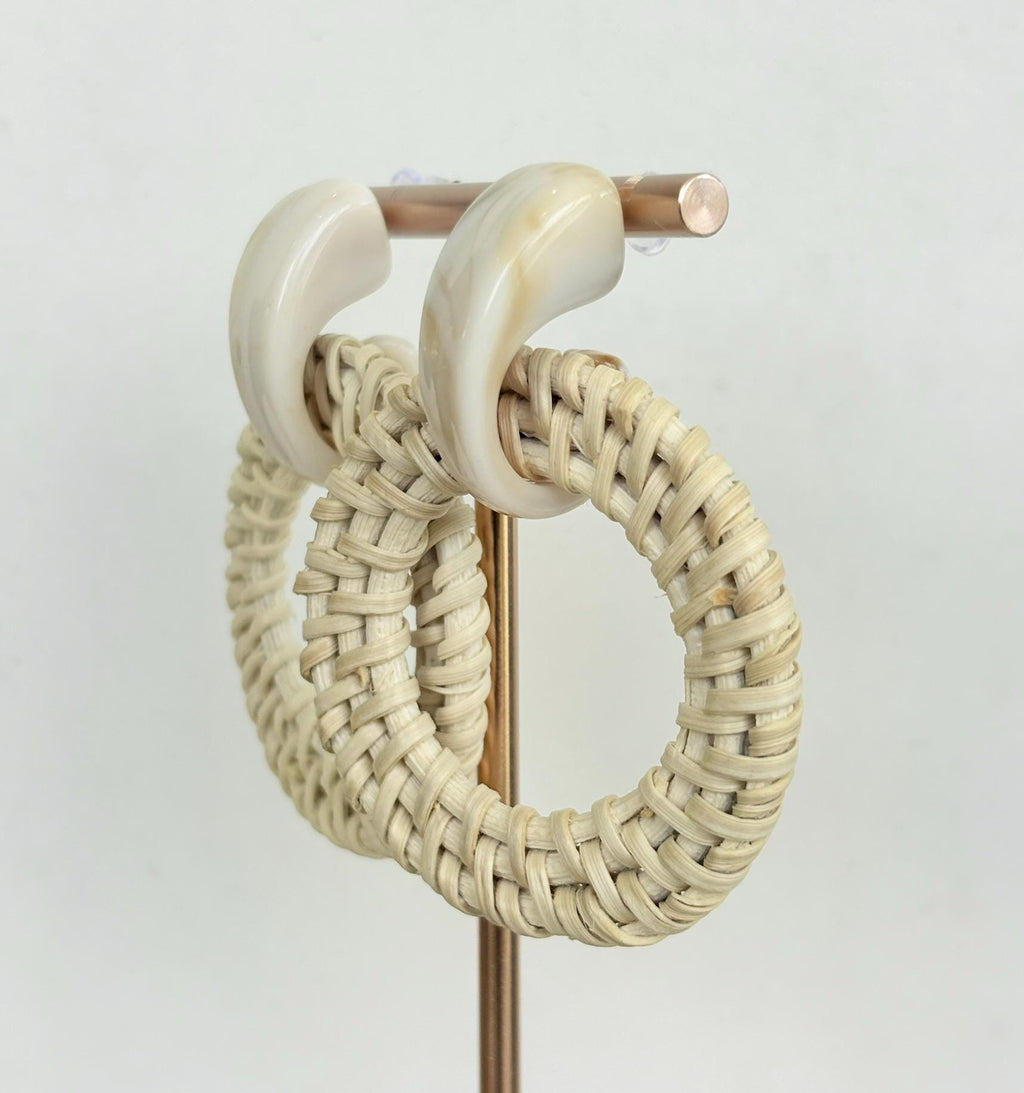 Beach House Cream Resin Rattan Hoop Drop Earrings