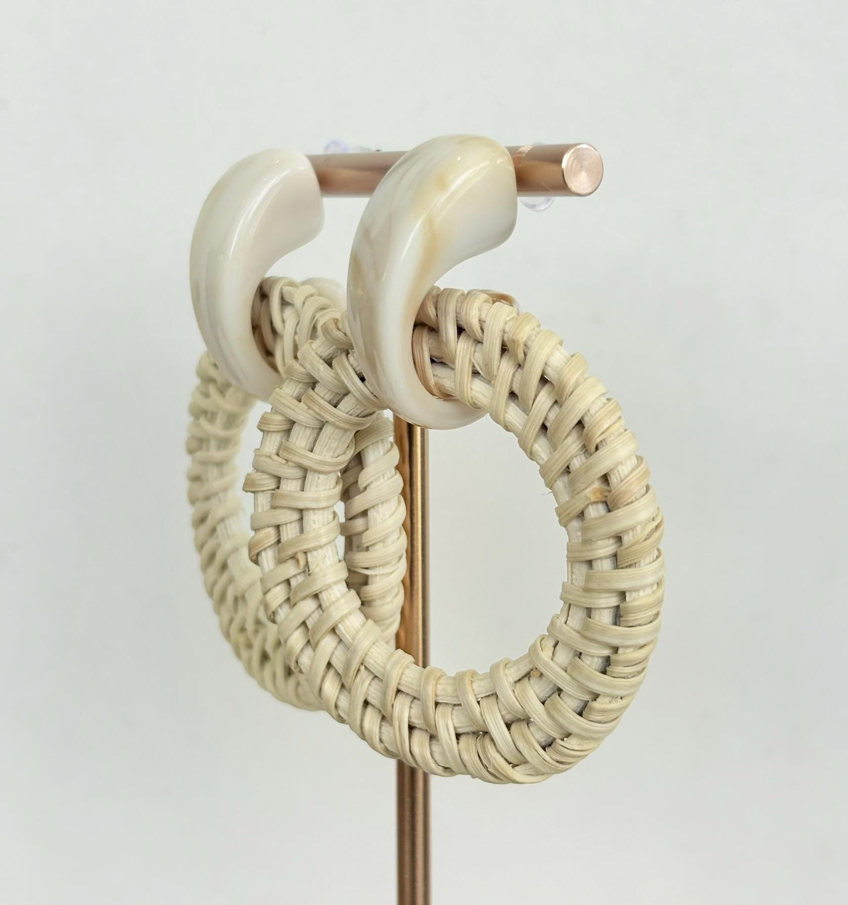 Beach House Cream Resin Rattan Hoop Drop Earrings