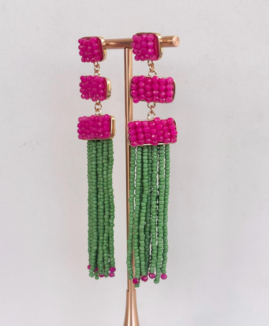 Fuchsia and Green Crystal Fringe Drop Earrings