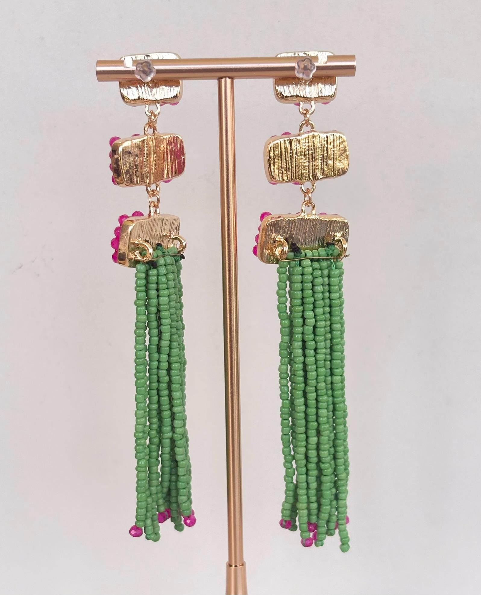 Fuchsia and Green Crystal Fringe Drop Earrings