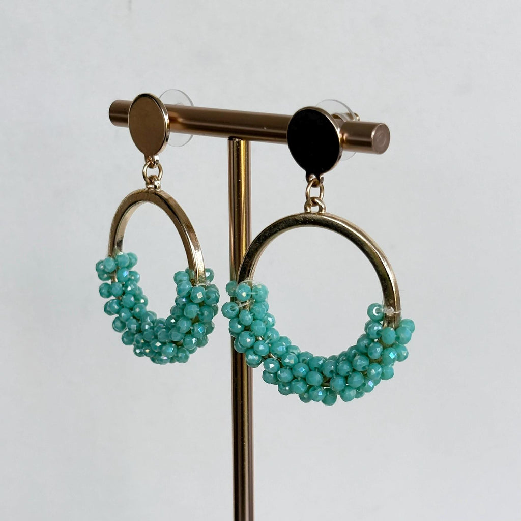 Teal Crystal Cluster Hoop Drop Earrings, Boho Statement Jewelry
