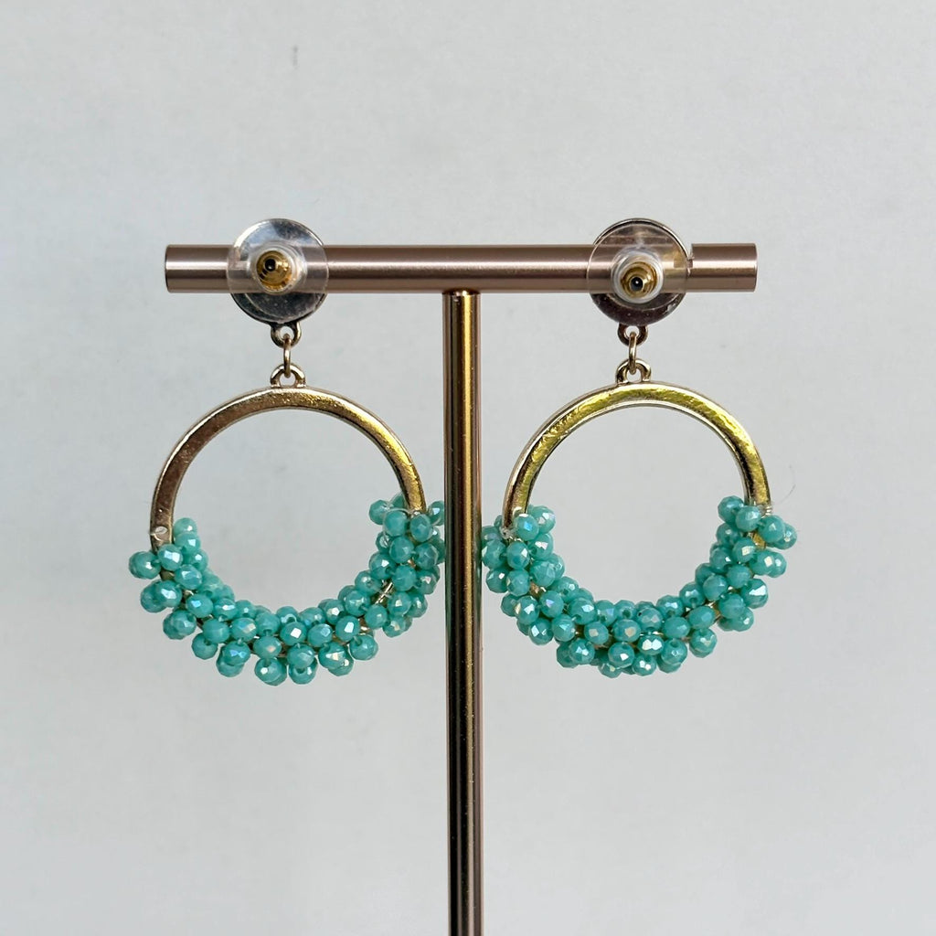 Teal Crystal Cluster Hoop Drop Earrings, Boho Statement Jewelry