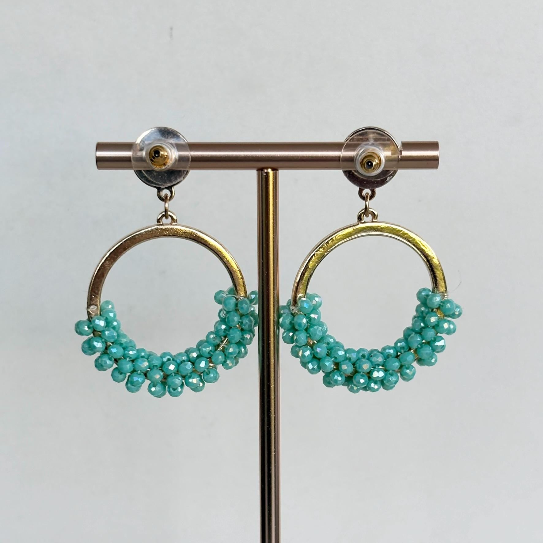 Teal Crystal Cluster Hoop Drop Earrings, Boho Statement Jewelry