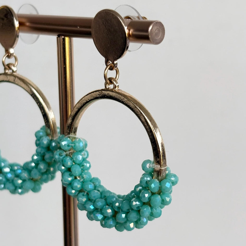 Teal Crystal Cluster Hoop Drop Earrings, Boho Statement Jewelry