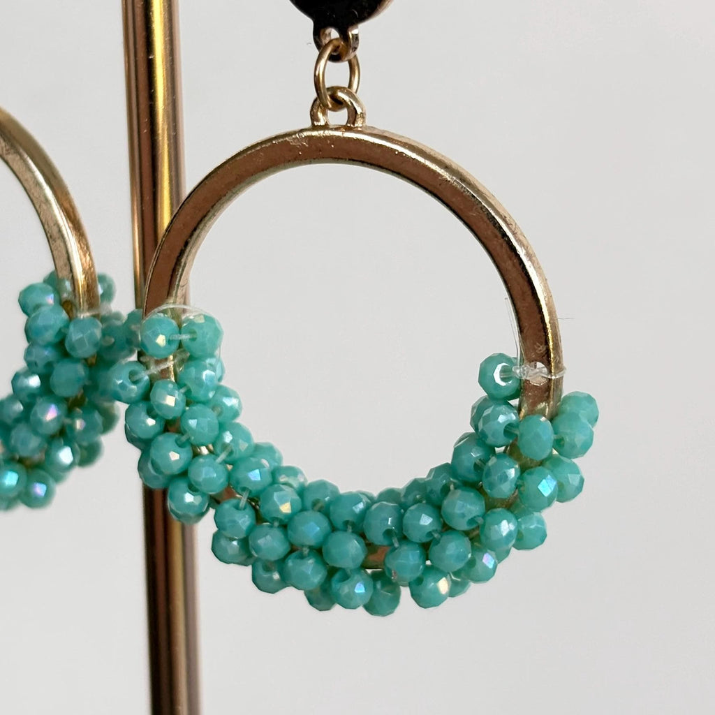 Teal Crystal Cluster Hoop Drop Earrings, Boho Statement Jewelry