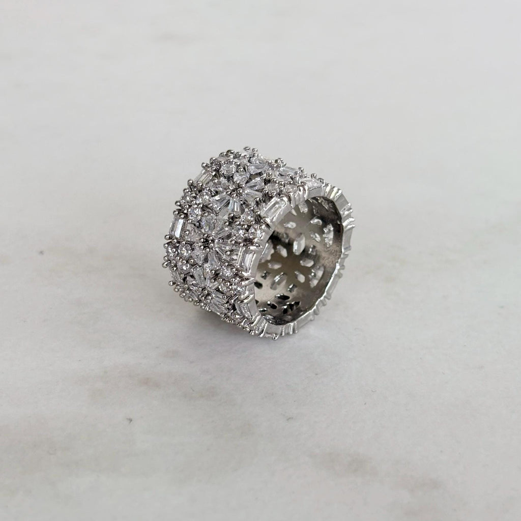 Wide Silver Band Ring with Zircon and Flower Detail