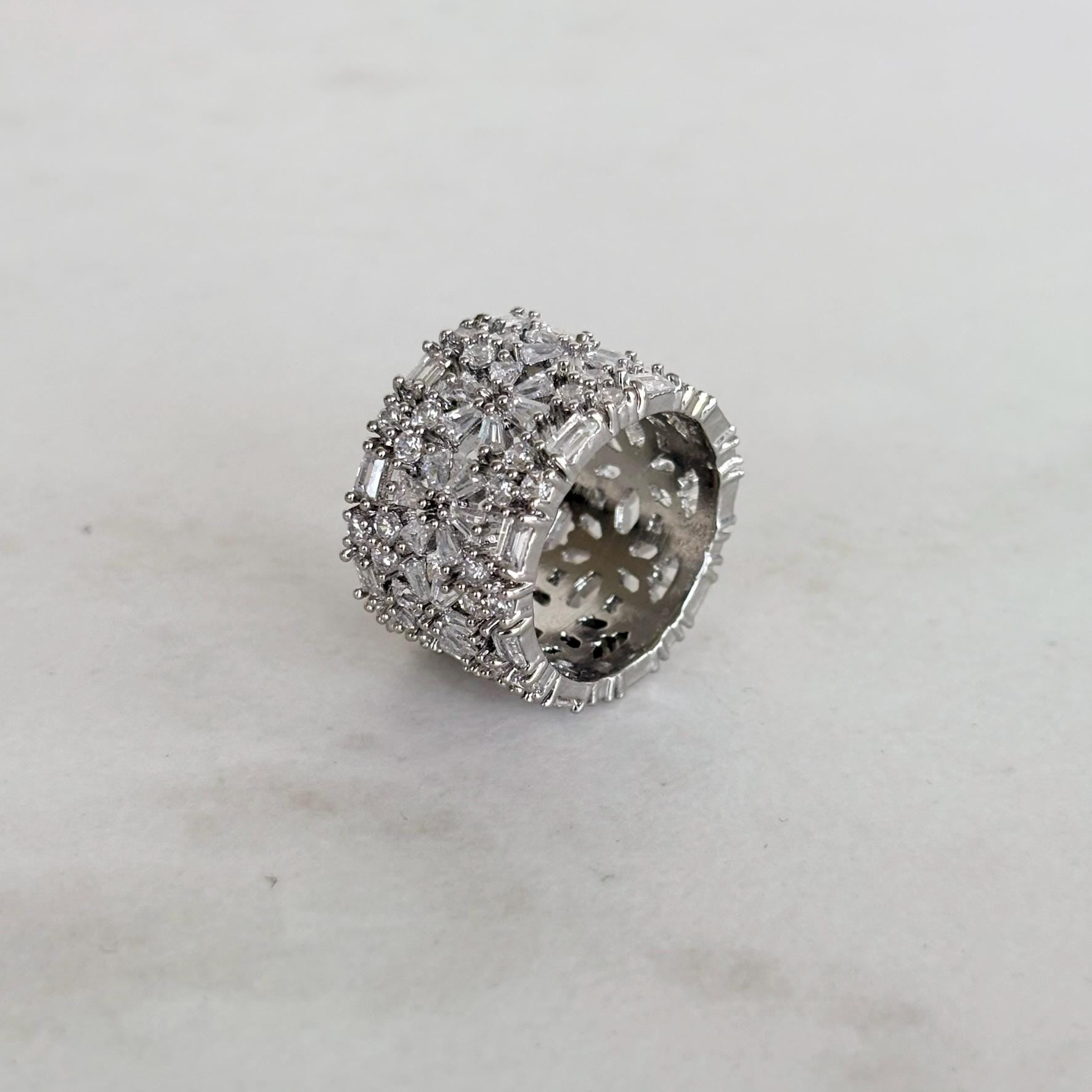Wide Silver Band Ring with Zircon and Flower Detail